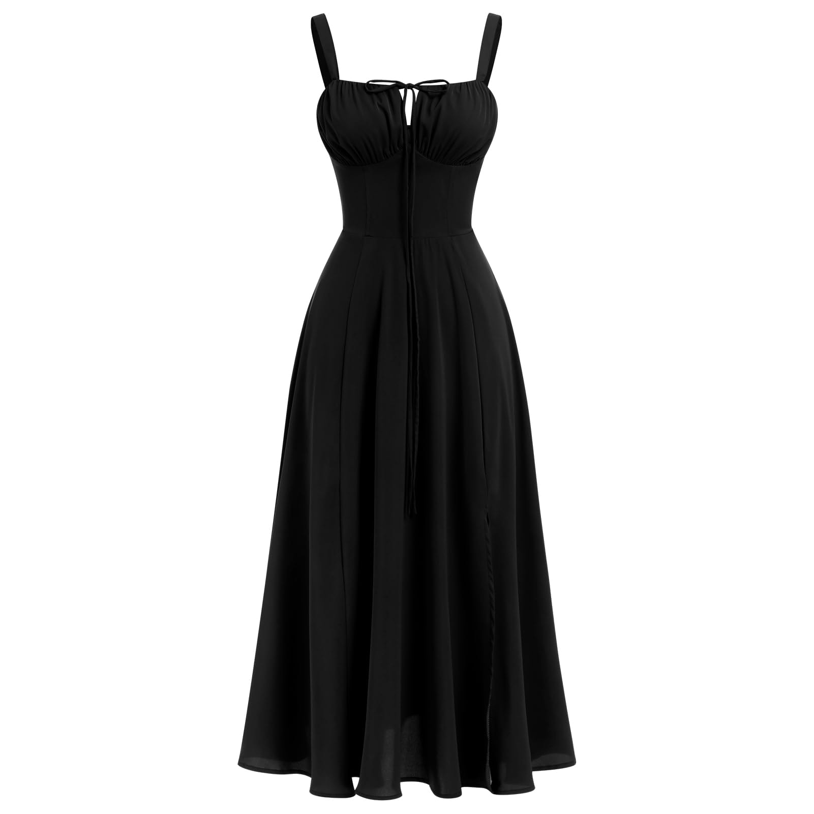 Floral Corset Dress, Formal Cocktail Dresses, Casual Sundress, Split Thigh Spaghetti Strap Vintage Dress: Medium Black