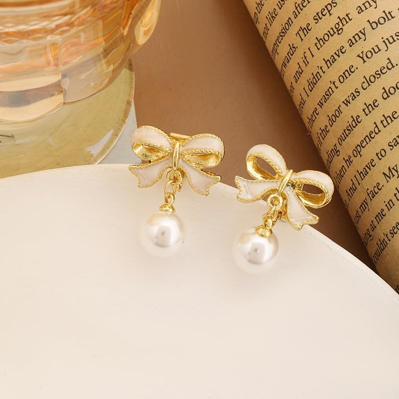 Twinkle Pearl Bow Dangle & 925 Silver Stud Earrings for Women & Girls | Pink and Gold Bow Ribbons Earrings | Holiday Birthday Jewelry Gifts for Her
