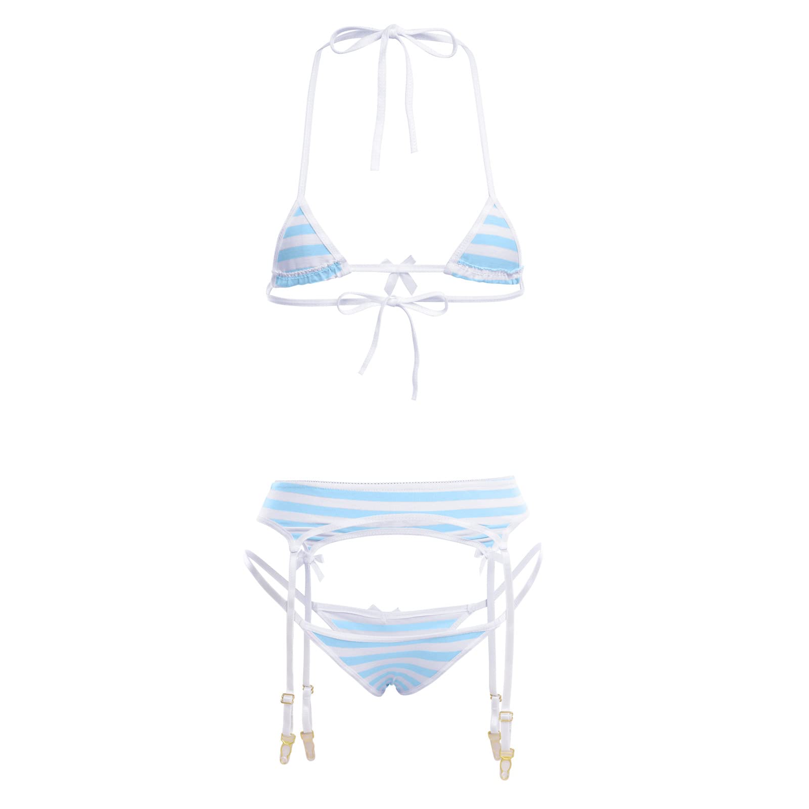 ABAFIP Women Cute Kawaii Striped Bikini Lingerie Set Micro Tiny Bra G-String Panty/Garter Belt 2Pcs / 3Pcs Underwear: One Size Blue - 3pcs