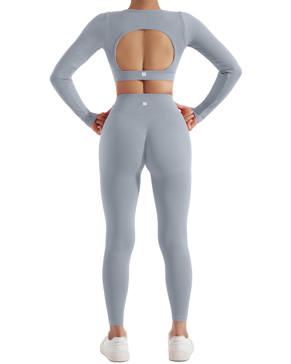 SUUKSESS Open Back Long Sleeve Scrunch Butt Booty Leggings Seamless Ribbed Workout Sets 2 Piece Outfits: X-Small #2 Grey