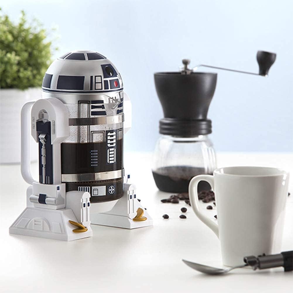 TEENKON French Press Insulated 304 Stainless Steel Coffee Maker, 32 Oz Robot R2D2 Hand Home Coffee Presser, with Filter Screen for Brew Coffee and Tea (): White