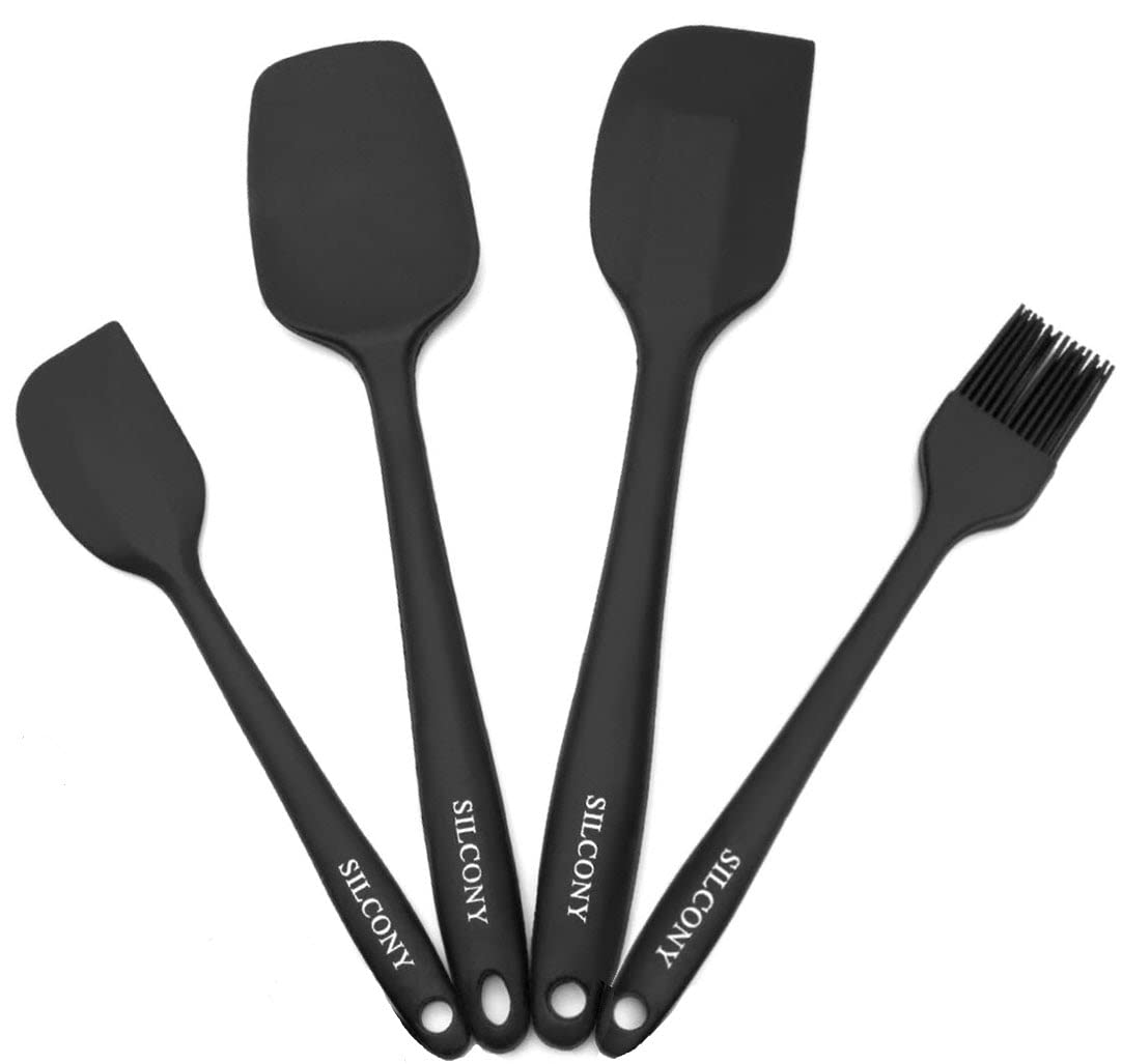 SILCONY Set of 4 Pure Silicone Spatulas Spoon Pastry Basting Brush Heat Resistant (11"-8.4") (4, Spatula Set - ): Black