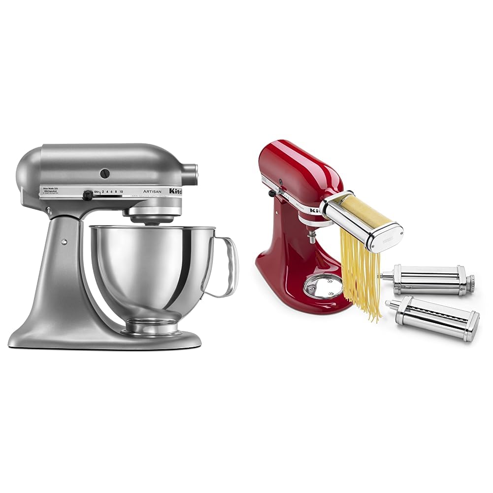 KitchenAid Artisan Series 5 Quart Tilt Head Stand Mixer with Pouring Shield KSM150PS,: Contour Silver Mixer + Pasta Attachment set