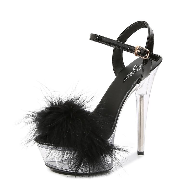 MissHeel Ankle Strap Clear Platform Furry Sandals Stiletto Heel: 9 Black