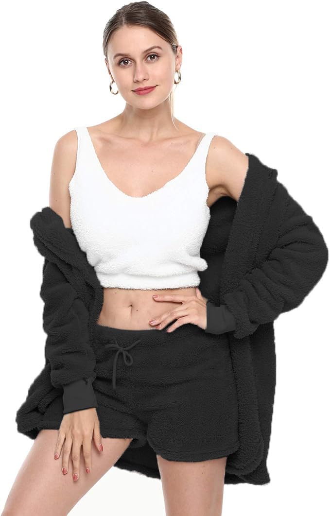 VNVNE Womens Sexy Fuzzy Warm Sherpa Fleece 3 Piece Outfit Fleece Coat Jacket Outwear and Spaghetti Strap Crop Top Shorts Set: Small Black