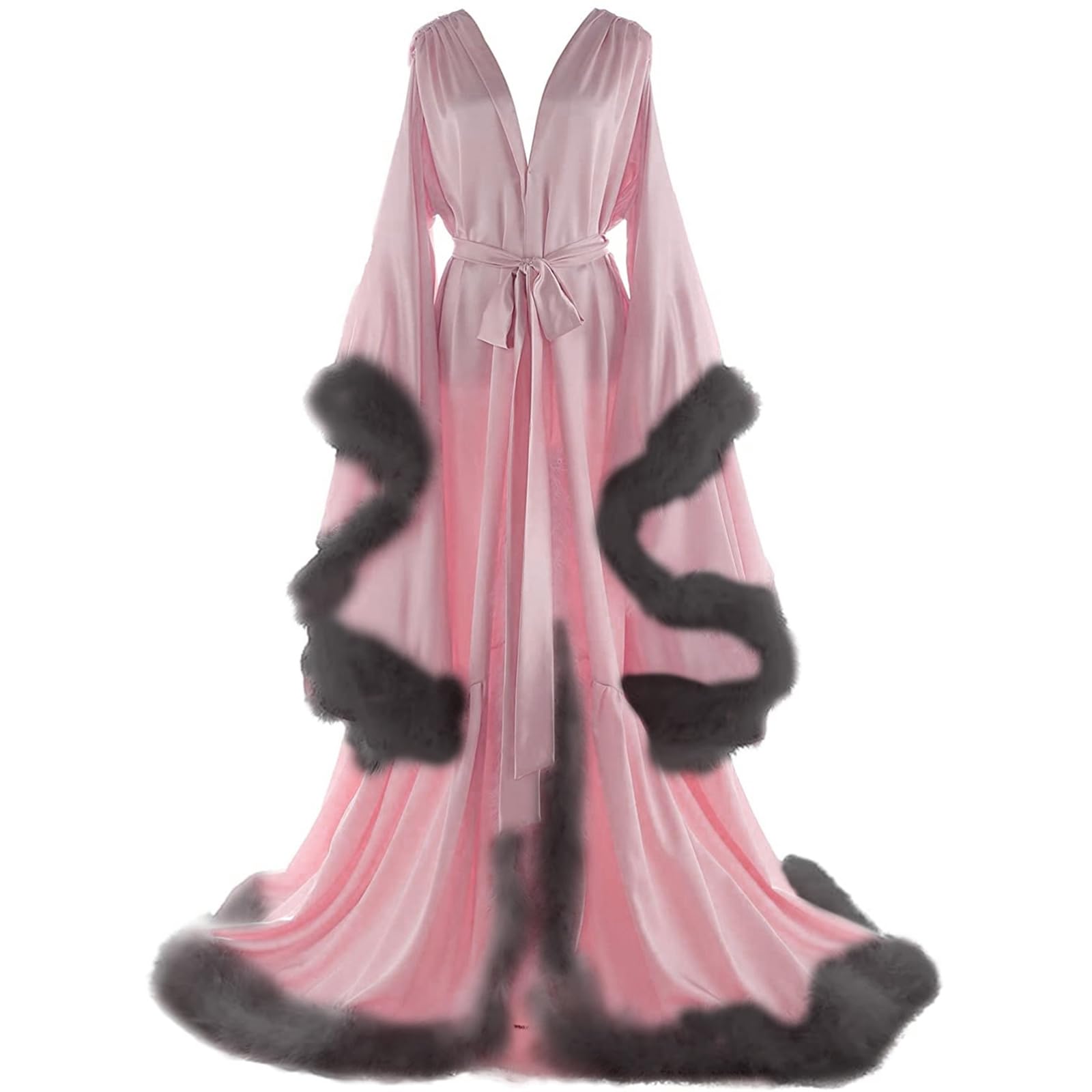 Daily Life Mall Women's Feather Bridal Robes Old Hollywood Maternity Photoshoot Nightgown Silk Bathrobe Long Lingerie: 3X-Large Blush Pink+black