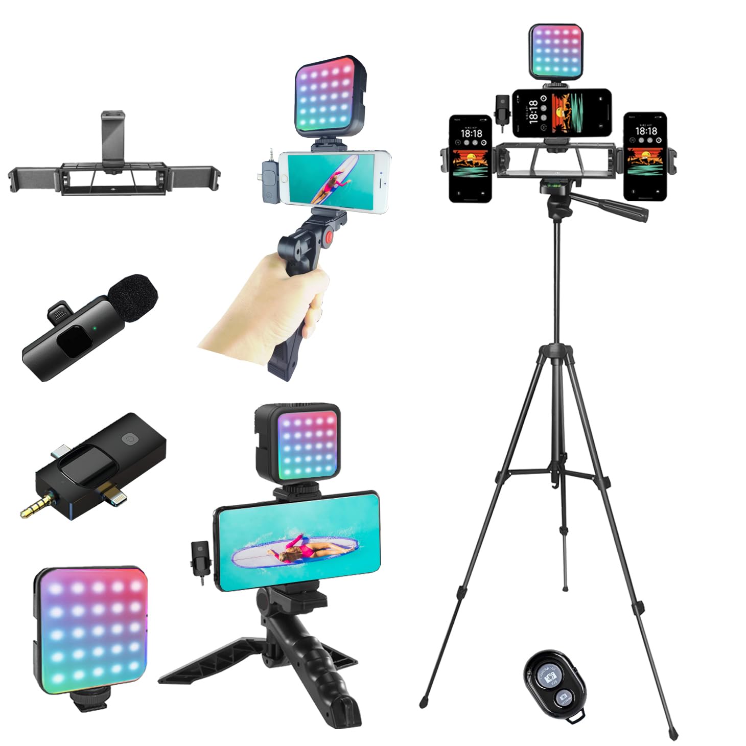 Litchitech Vlogging Kit for iPhone,Vlogging Kit for Andriod Phone,Vlogging Camera Kit,with Tripod 60" / Multiple Holders/RGB Light/Lavalier Mic/Remote: With shotgun-shape short Tripod