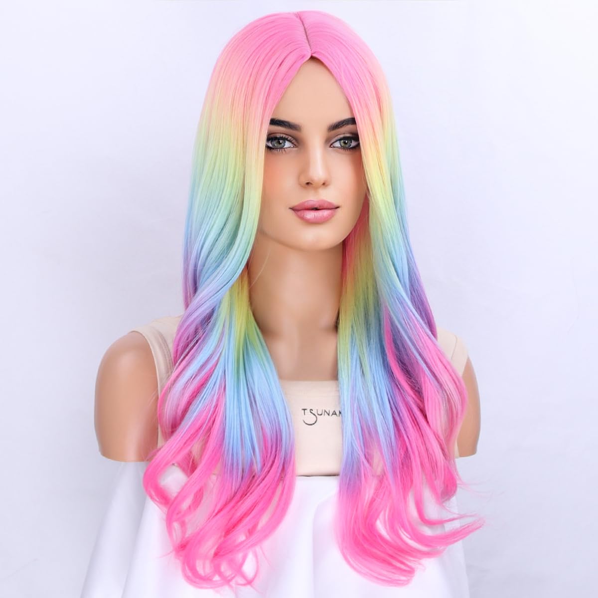 MAGQOO  Flame Fire Wig - Long Curly Wavy Ombre Wigs for Women & Girls - Middle Part, Heat Resistant, High Density Synthetic Wigs: Ombre Rainbow