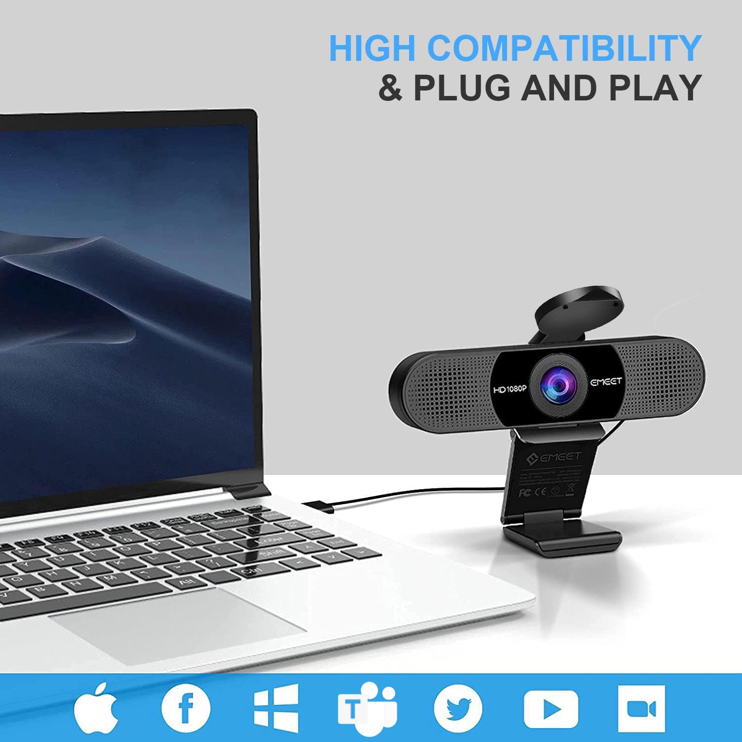 EMEET  Webcam with Microphone, C960 Web Camera, 2 Mics Streaming Webcam, 90°FOV Computer Camera, Plug and Play USB Web Cam for Online Calling/Conferencing, Zoom/Teams/Facetime/YouTube, Laptop/PC