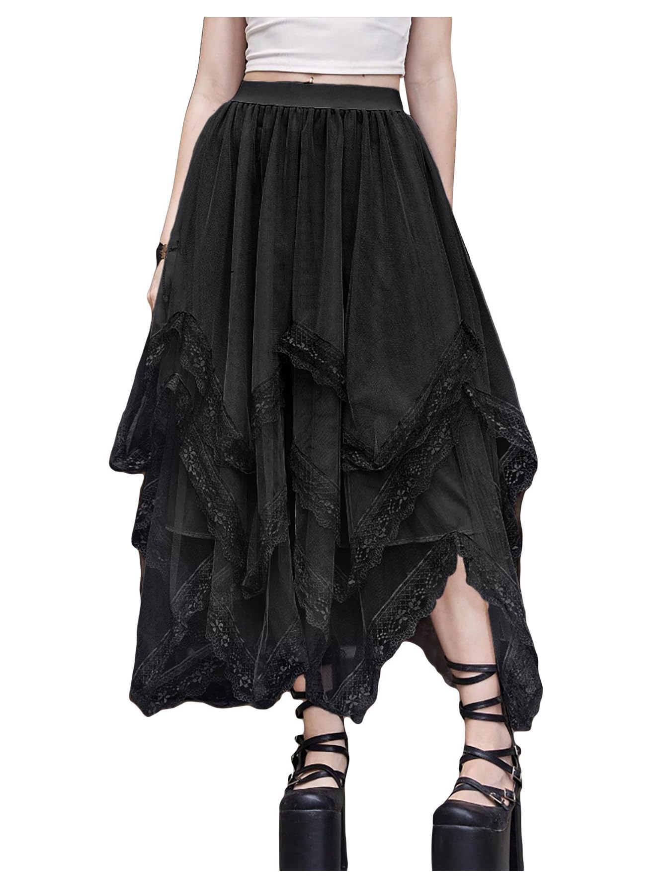 SHENHE Women's Lace Trim Layered Mesh Tulle Skirt High Waist Asymmetrical Long Goth Skirt