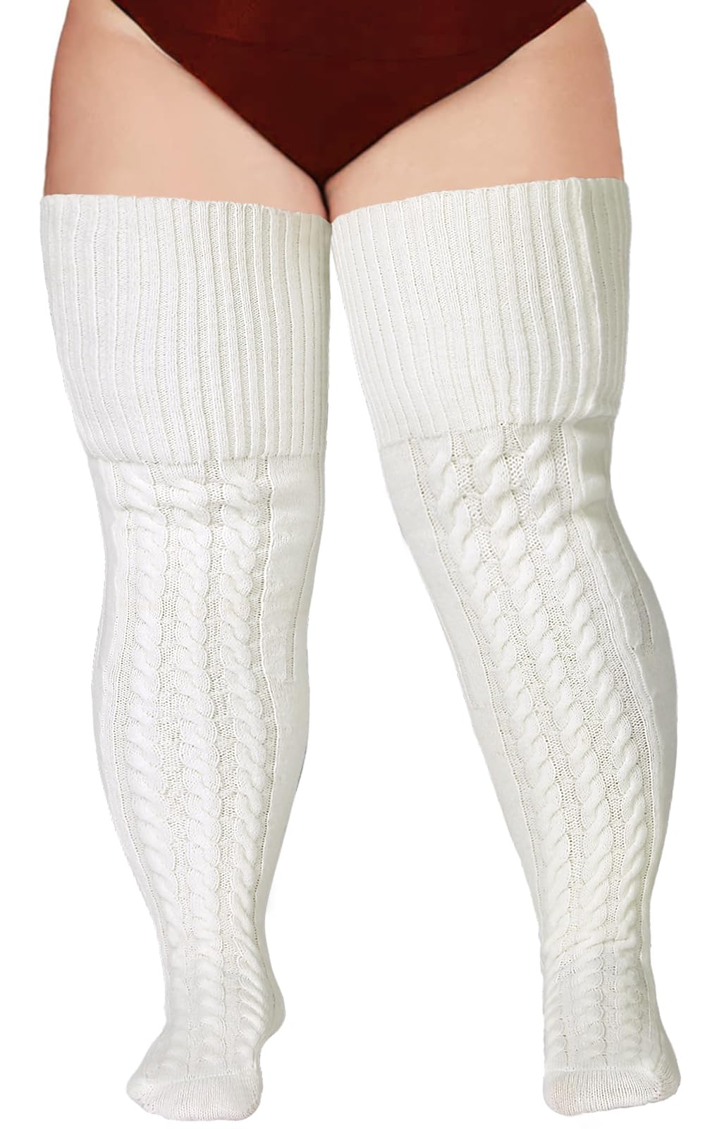 Wool Plus Size Thigh High Socks For Thick Thighs- Extra Long Womens Warm Cable Knit Over Knee Stockings Leg Warmers: One Size Plus White