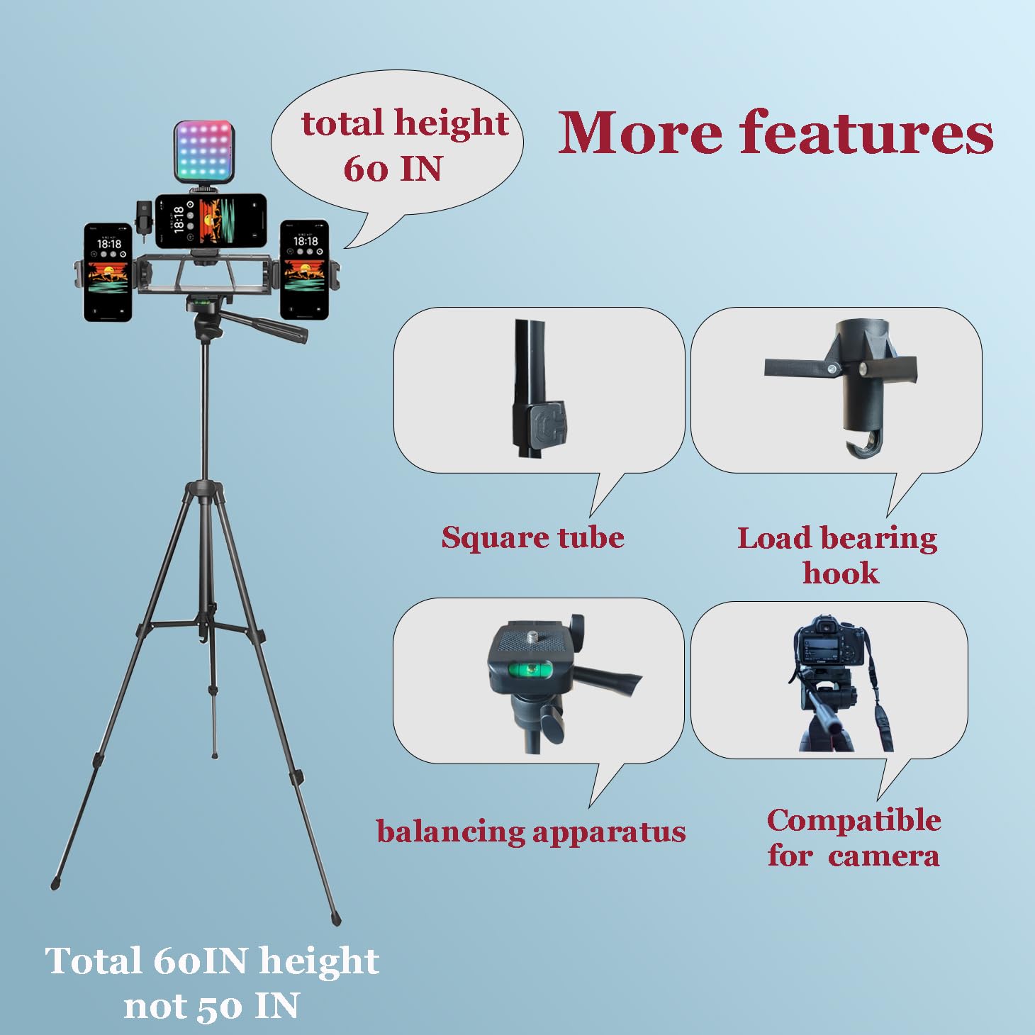 Litchitech Vlogging Kit for iPhone,Vlogging Kit for Andriod Phone,Vlogging Camera Kit,with Tripod 60" / Multiple Holders/RGB Light/Lavalier Mic/Remote: With shotgun-shape short Tripod