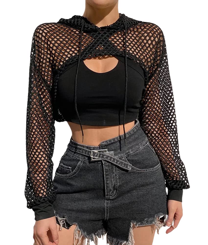 SINROYEE Women's Casual Sexy Mesh Contrast Long Sleeve Pullover Crop Top Hoodie T-Shirt: Medum Black