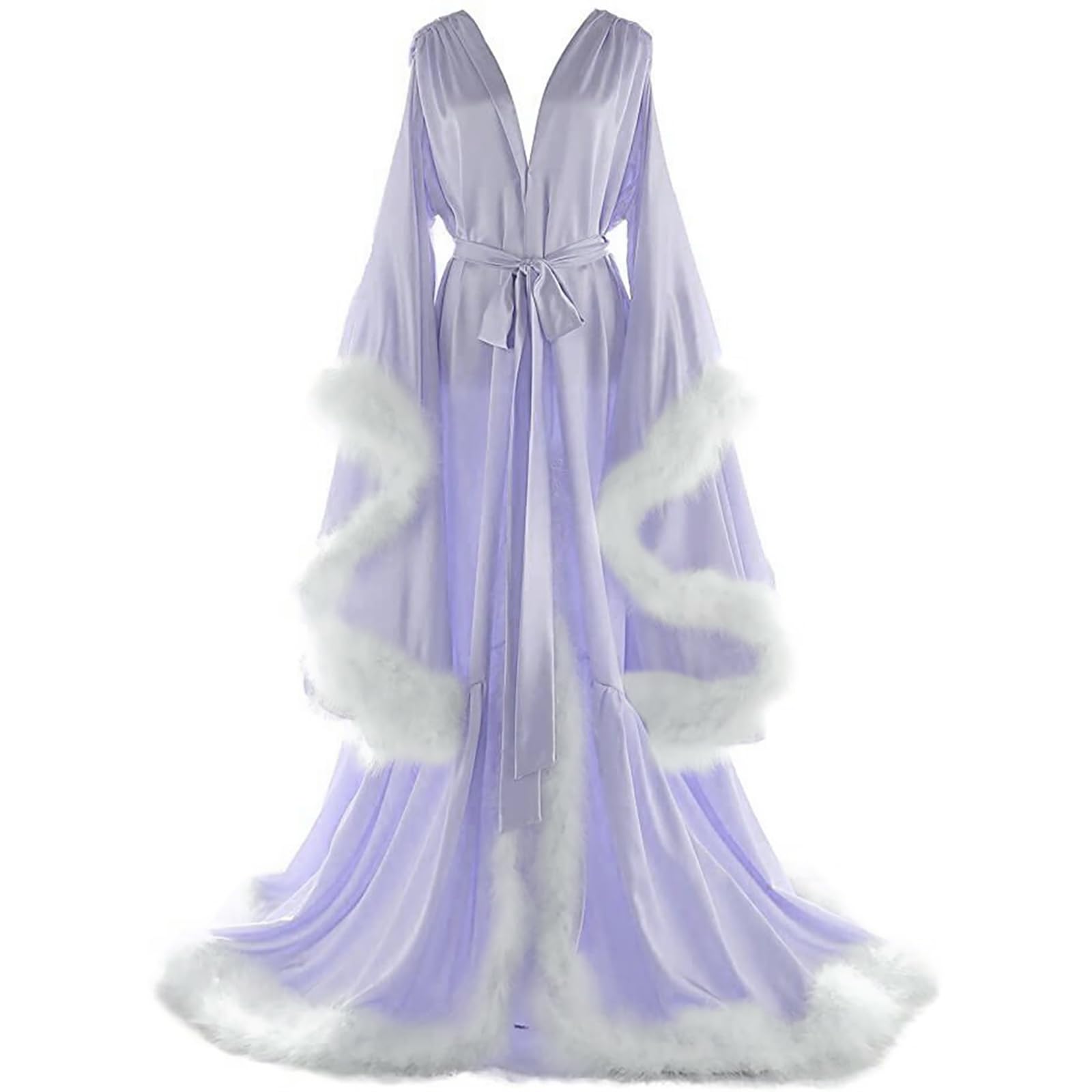 Daily Life Mall Women's Feather Bridal Robes Old Hollywood Maternity Photoshoot Nightgown Silk Bathrobe Long Lingerie: Large Light Lilac+white