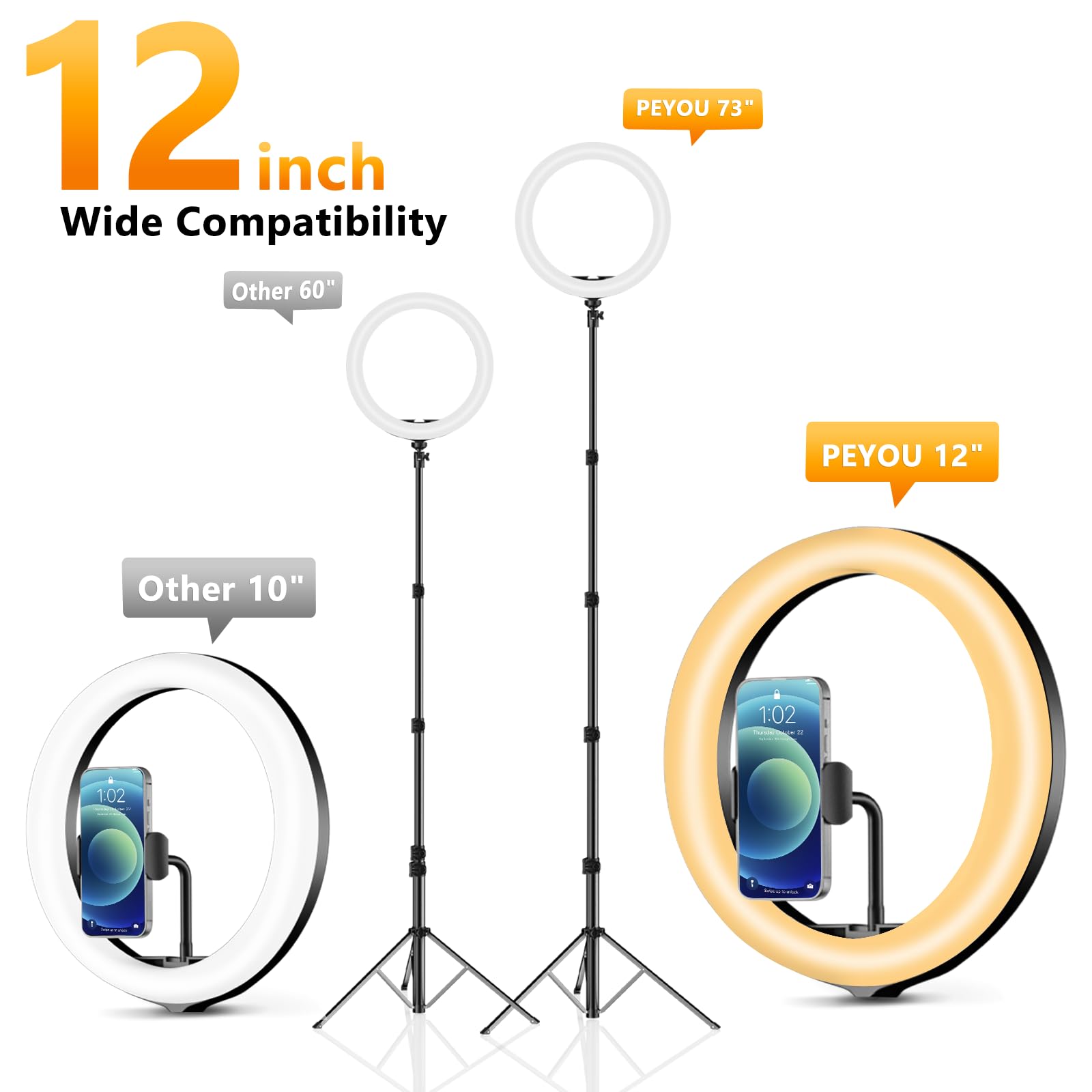 12" Selfie Ring Light with 73" Extendable Tripod Stand: PEYOU Desk Selfie Lights 38 Color Modes, Upgrade 3 in 1 Dimmable Adjustable Speed Ring Light for Makeup/TIK Tok/YouTube