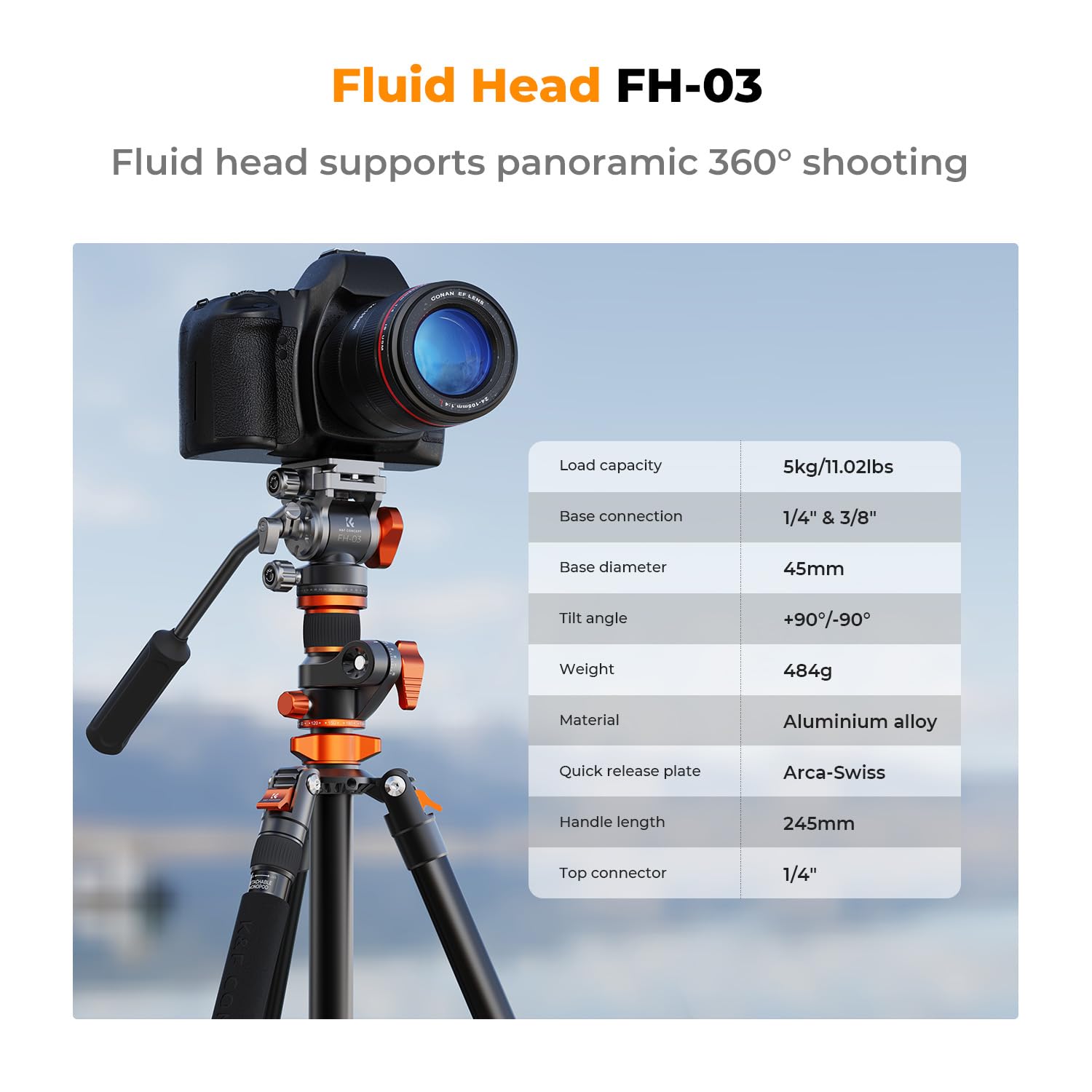 K&F CONCEPT 90''/230cm Ultra High Camera Tripod,Horizontal Overhead Shooting Travel Tripods with Metal Ball Head 10KG Load Capacity,Detachable Monopod, for Indoor and Outdoor Use: T254A7+FH-03