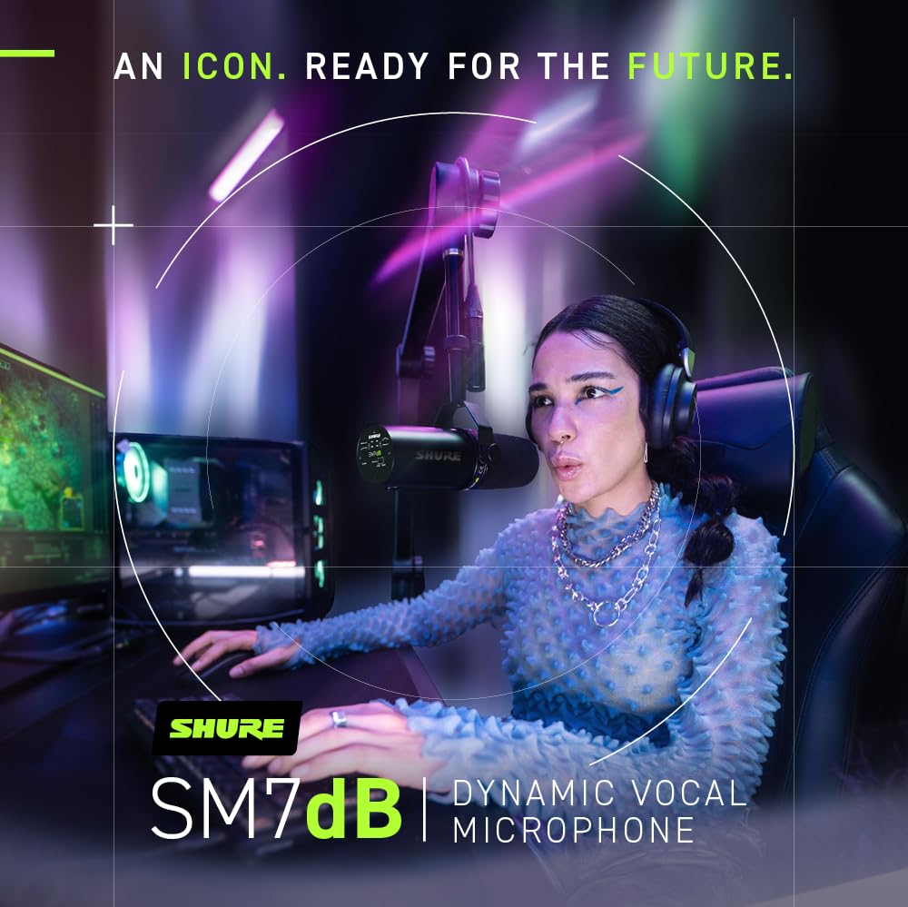 Shure  Microphone - Vocal Dynamic Studio Mic for Broadcast, Podcast, Recording, Gaming & Streaming, XLR, Rugged Construction, Detachable Windscreen, Smooth Sound, Warm Vocals, Wide-Range Frequency: SM7dB (Built-In Preamp)