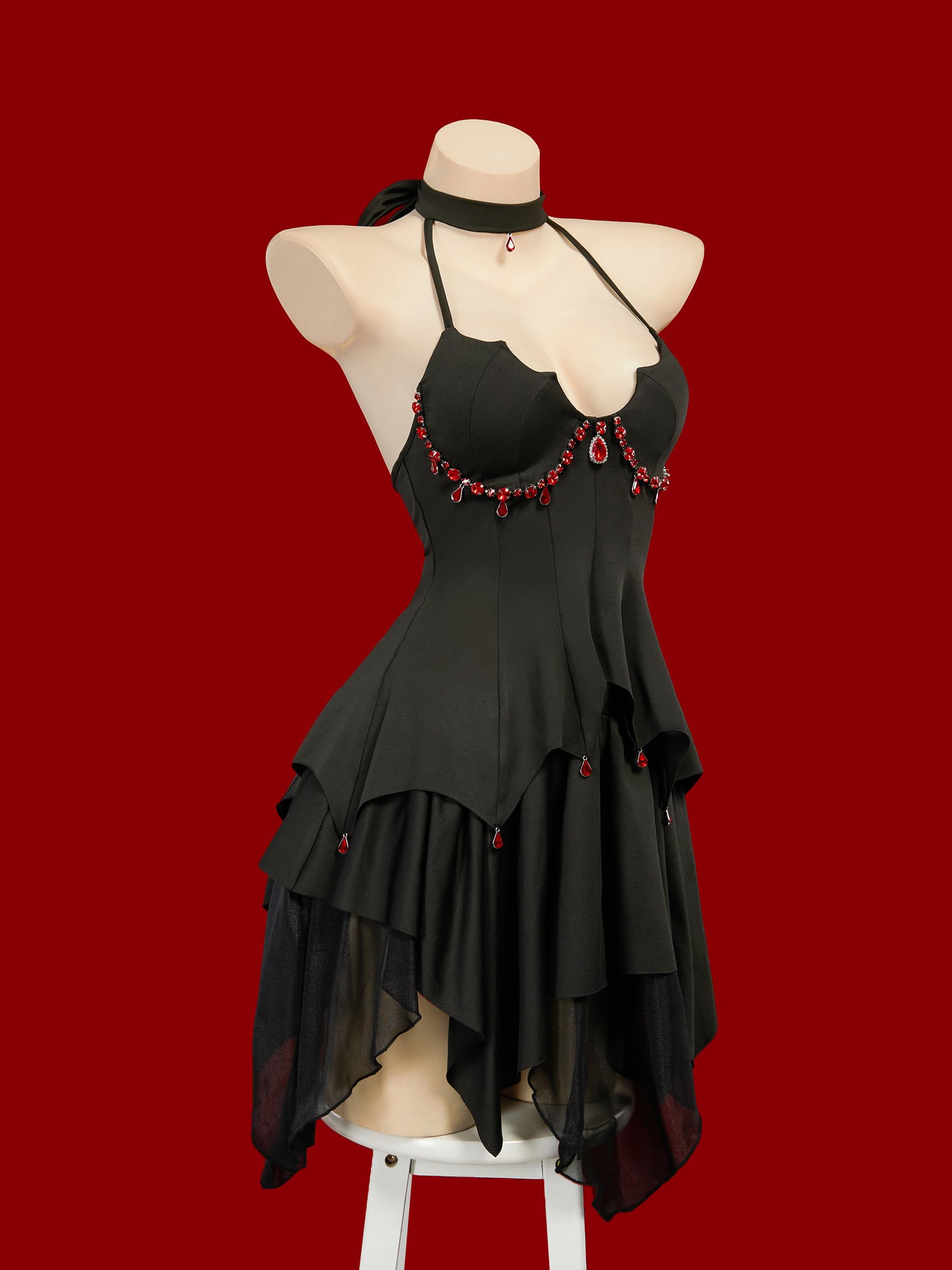 MEOWCOS Women's Gothic Dress Bat Style A-line Goth Halter Dress Halloween Cosplay Costume: Black Large