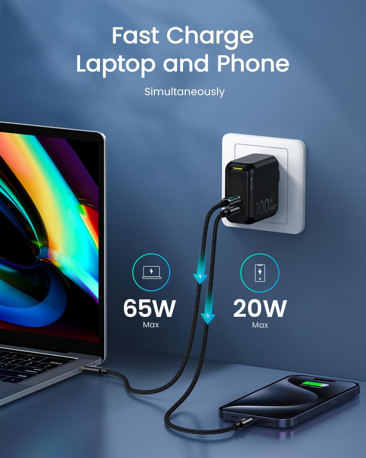 AOHI Magcube 140W USB C Charger PD3.1 3-Port GaN+ Laptop Wall Charger 100W Fast Charging Power Adapter Foldable Plug for MacBook Pro 16'', Dell XPS, iPad Pro, Galaxy, iPhone 15 Pro, Chromebook, - Image 3