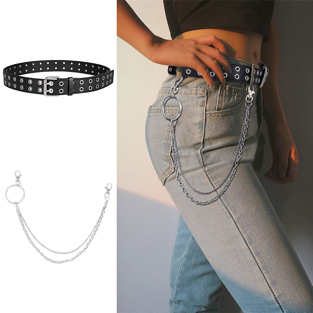 WERFORU Double Grommet Belt PU Leather Punk Belt for Women Men Jeans 2 Hole Belts 1.5 Wide: WERFORU Double Grommet Belt PU Leather Punk Belt for Women Men Jeans 2 Hole Belts 1.5 Wide