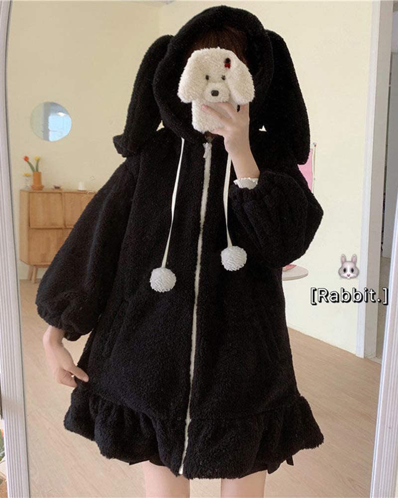 BZB Kawaii Anime Bunny Ear Hoodies For Women Sweet Lovely Fuzzy Fluffy Rabbit Sweater Tops Cosplay Jacket Coats: 3X-Large Black
