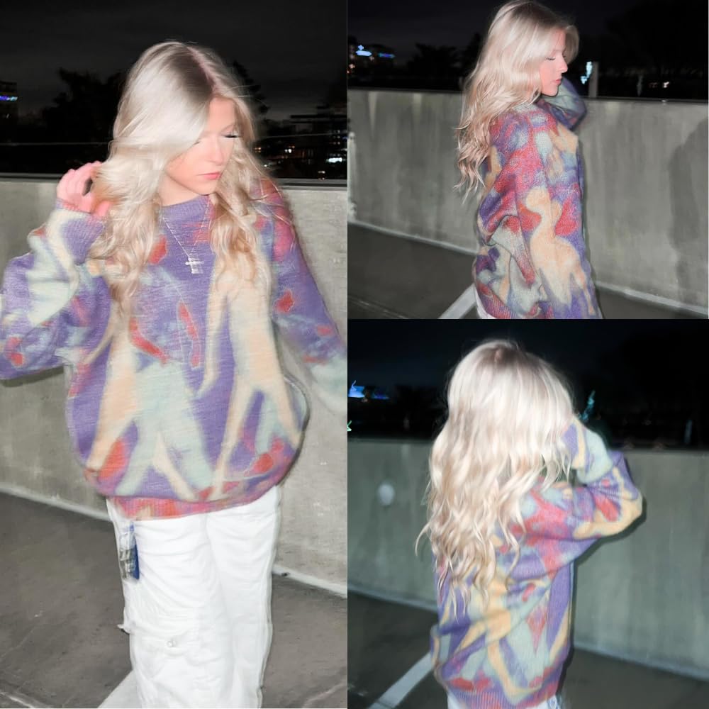 Aelfric Eden Neon Color Block Knit Sweater Casual Oversized Pullover: Purple Small