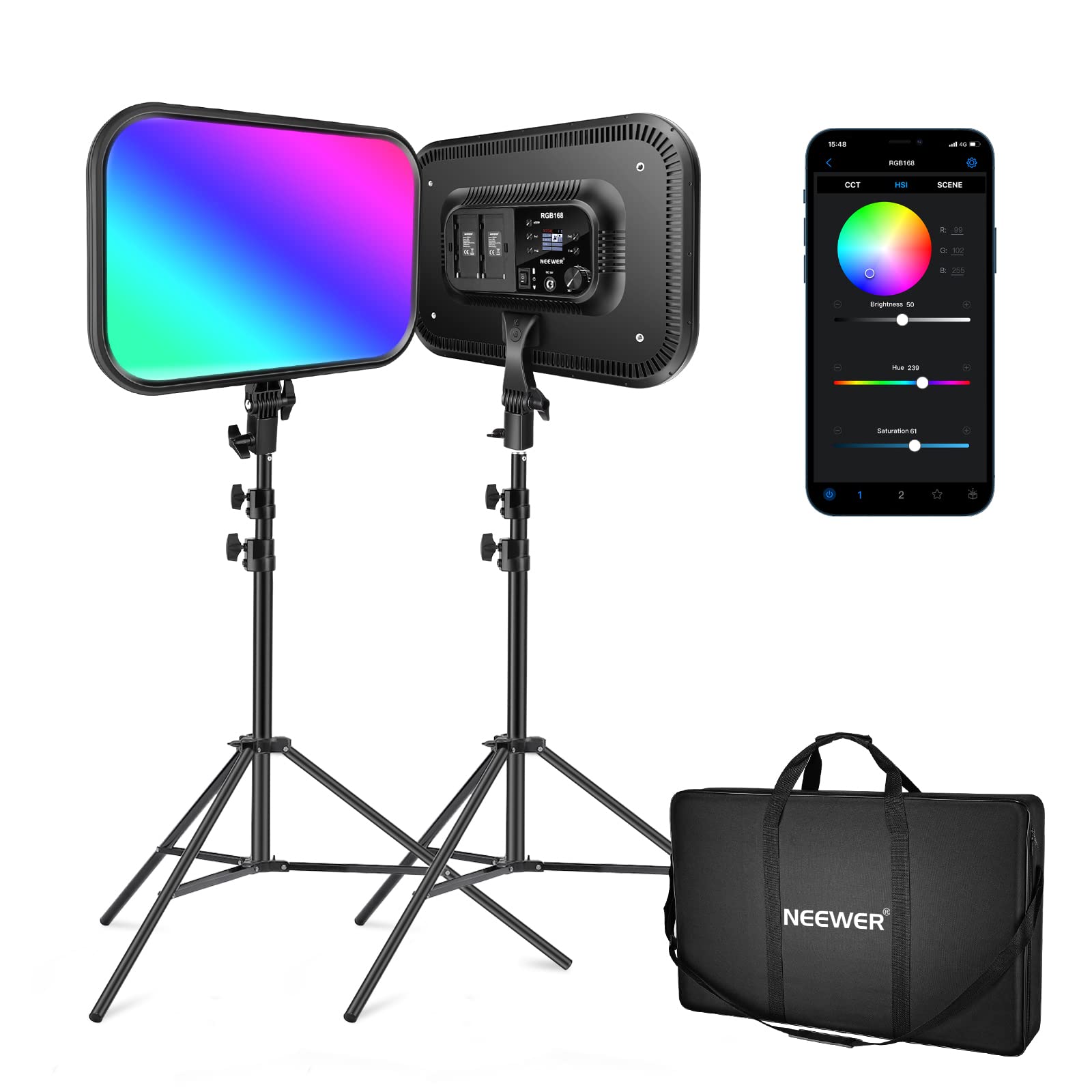 Neewer 13" Led Video Light Panel Kit, 2 Pack Dimmable Bi Color Soft Key Lighting with Tripod Stand, 8000mAh Battery, 3200~5600K CRI97+ 2400Lux for Game/Streaming/YouTube Recording/Studio Photography: RGB168