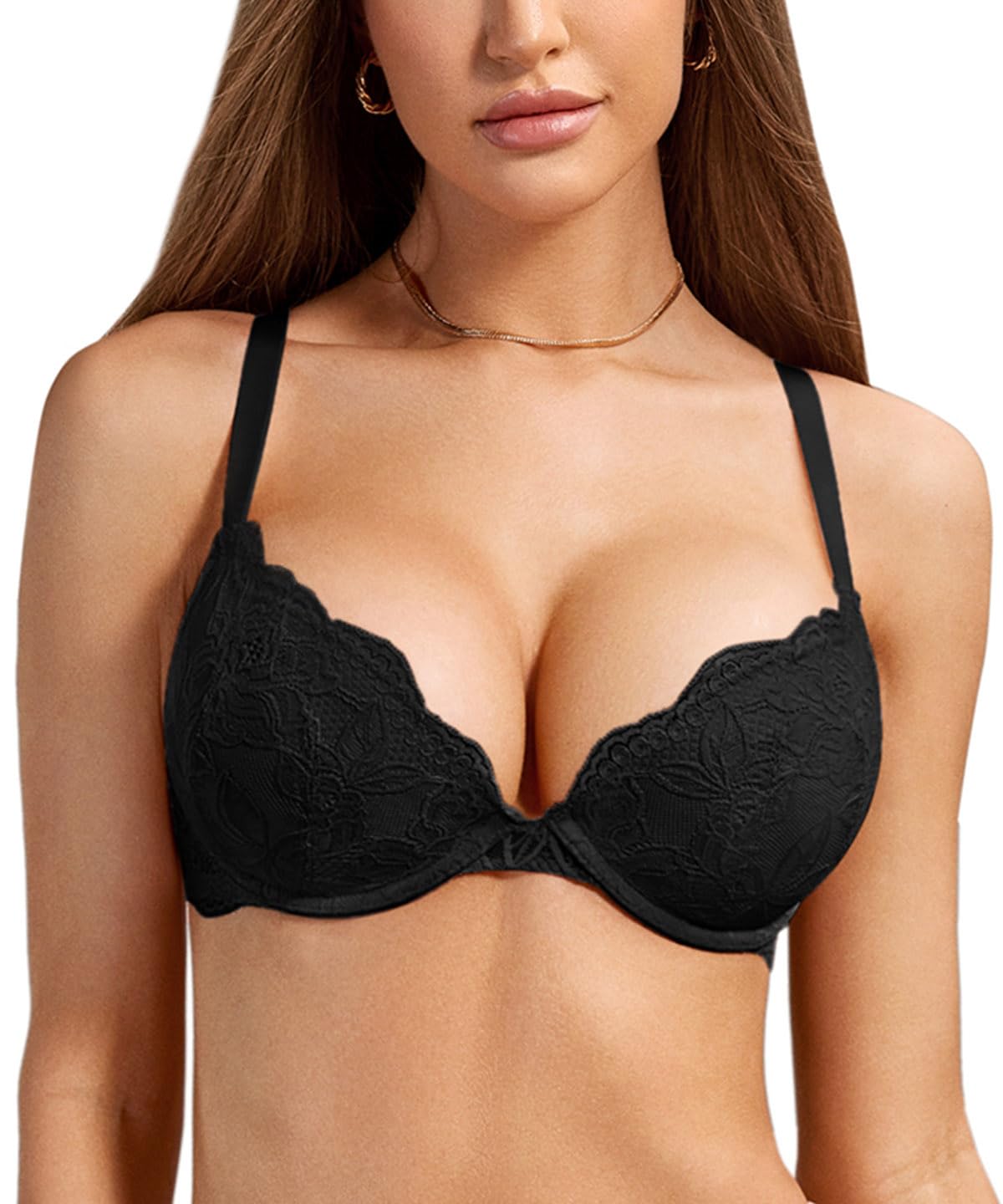 DOBREVA Women's Push Up Lace Bra Underwire Plunge Full Coverage Bras Sexy Plus Size Support: 40D Black