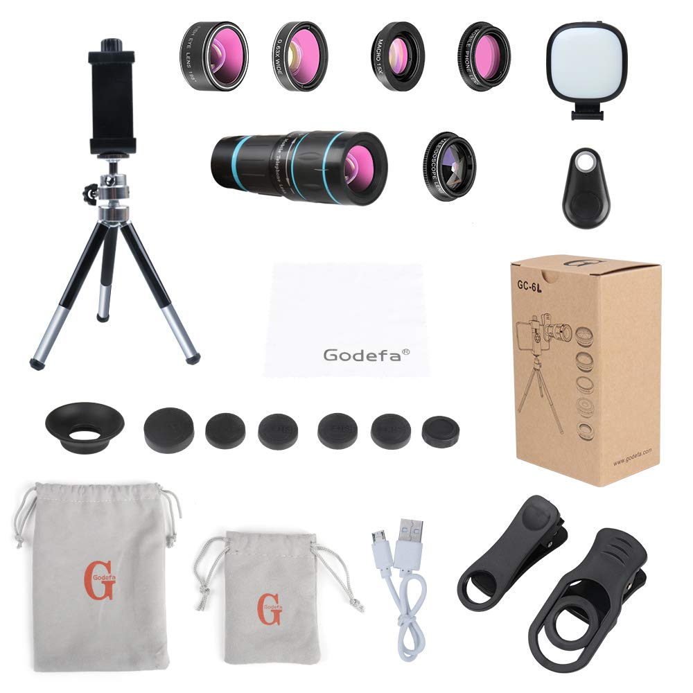 Godefa Cell Phone Camera Lens with Tripod+ Shutter Remote,6 in 1 18x Telephoto Zoom Lens/Wide Angle/Macro/Fisheye/Kaleidoscope/CPL, Clip-On lense Compatible for iPhone X 8 7 6s Plus, Samsung and More: Phone Camera Lens, 6 lenses+ LED Light+ Remote Shutter+ Tripod, 18X Telephoto Zoom/Wide angle/Macro/Fisheye/CPL/Kaleidoscope camera lens kit for iPhone Xs X XR 8 7 6 Plus Samsung and Android