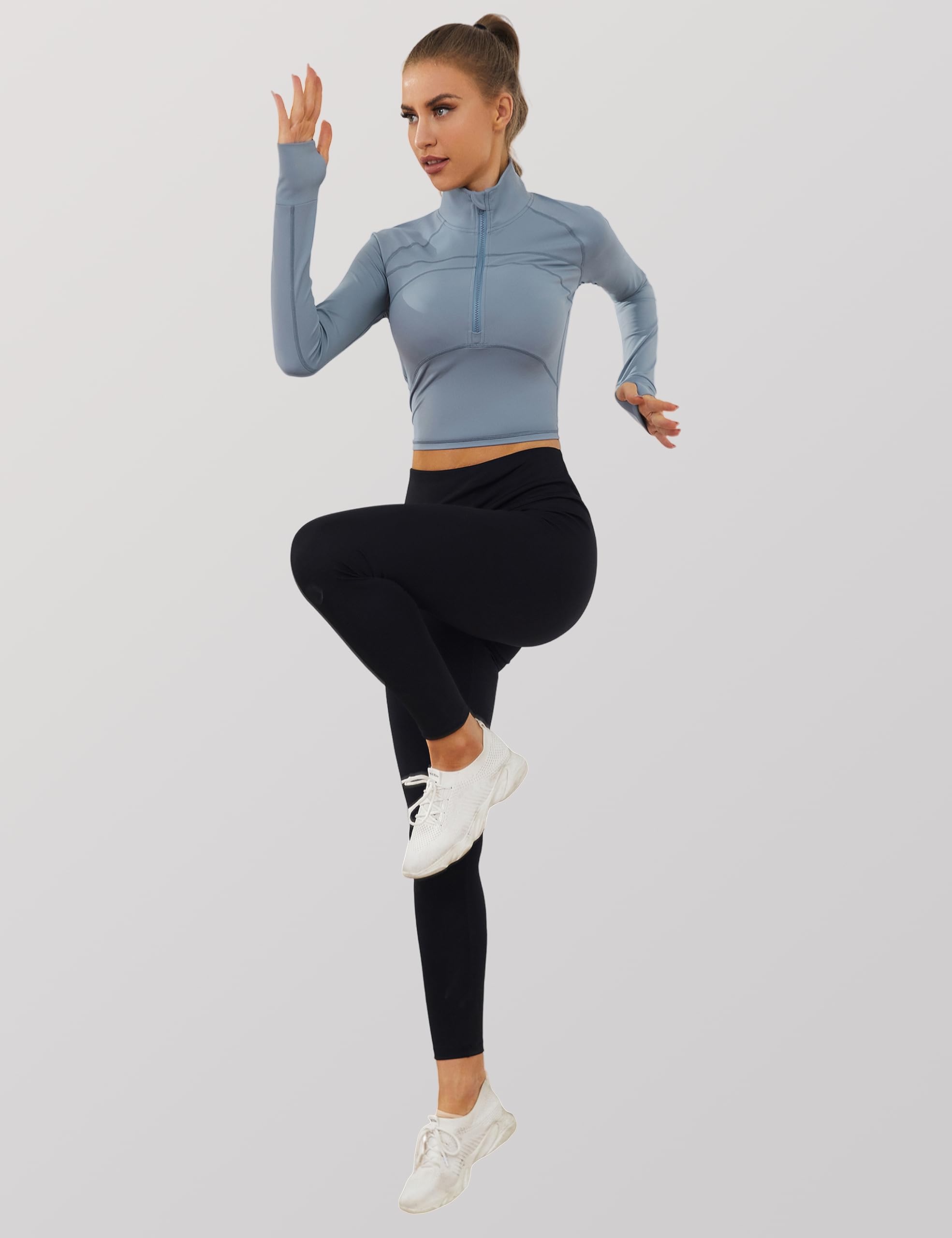 UANEO Long Sleeve Cropped Workout Tops for Women Gym Yoga Athletic Tops 1/2 Zip Jackets: Small Dustyblue