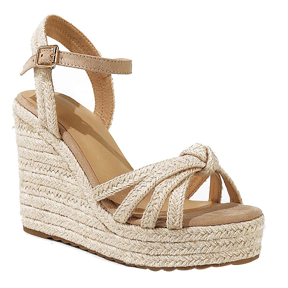 mikarka Wedge Sandals for Women: Open Toe Wedges Heels for Women - Comfortable Braided Summer Espadrilles Wedges Ankle Strap Platform High Heels Vacation Shoes: 7 Beige