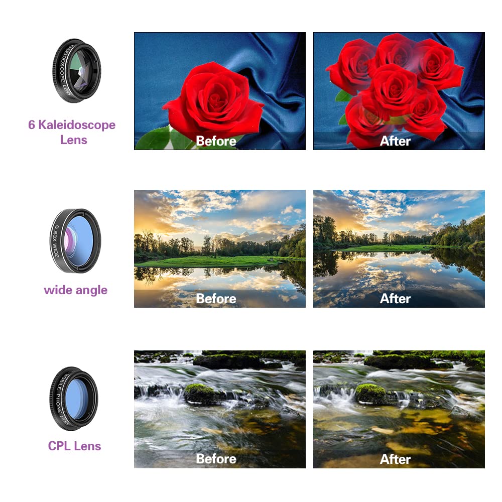 Godefa Cell Phone Camera Lens with Tripod+ Shutter Remote,6 in 1 18x Telephoto Zoom Lens/Wide Angle/Macro/Fisheye/Kaleidoscope/CPL, Clip-On lense Compatible for iPhone X 8 7 6s Plus, Samsung and More: Phone Camera Lens, 6 lenses+ LED Light+ Remote Shutter+ Tripod, 18X Telephoto Zoom/Wide angle/Macro/Fisheye/CPL/Kaleidoscope camera lens kit for iPhone Xs X XR 8 7 6 Plus Samsung and Android