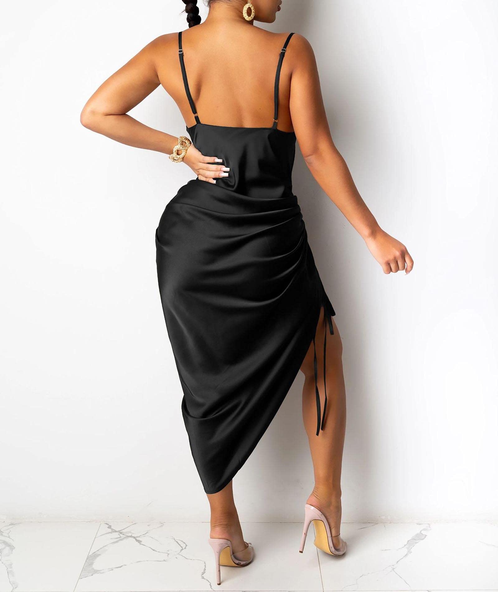 xxxiticat Women's Spaghetti Strap Satin Dress Sleeveless Cowl Neck Draped Slit Lace Up Drawstring Ruched Cocktail Midi Dress thumbnail 6