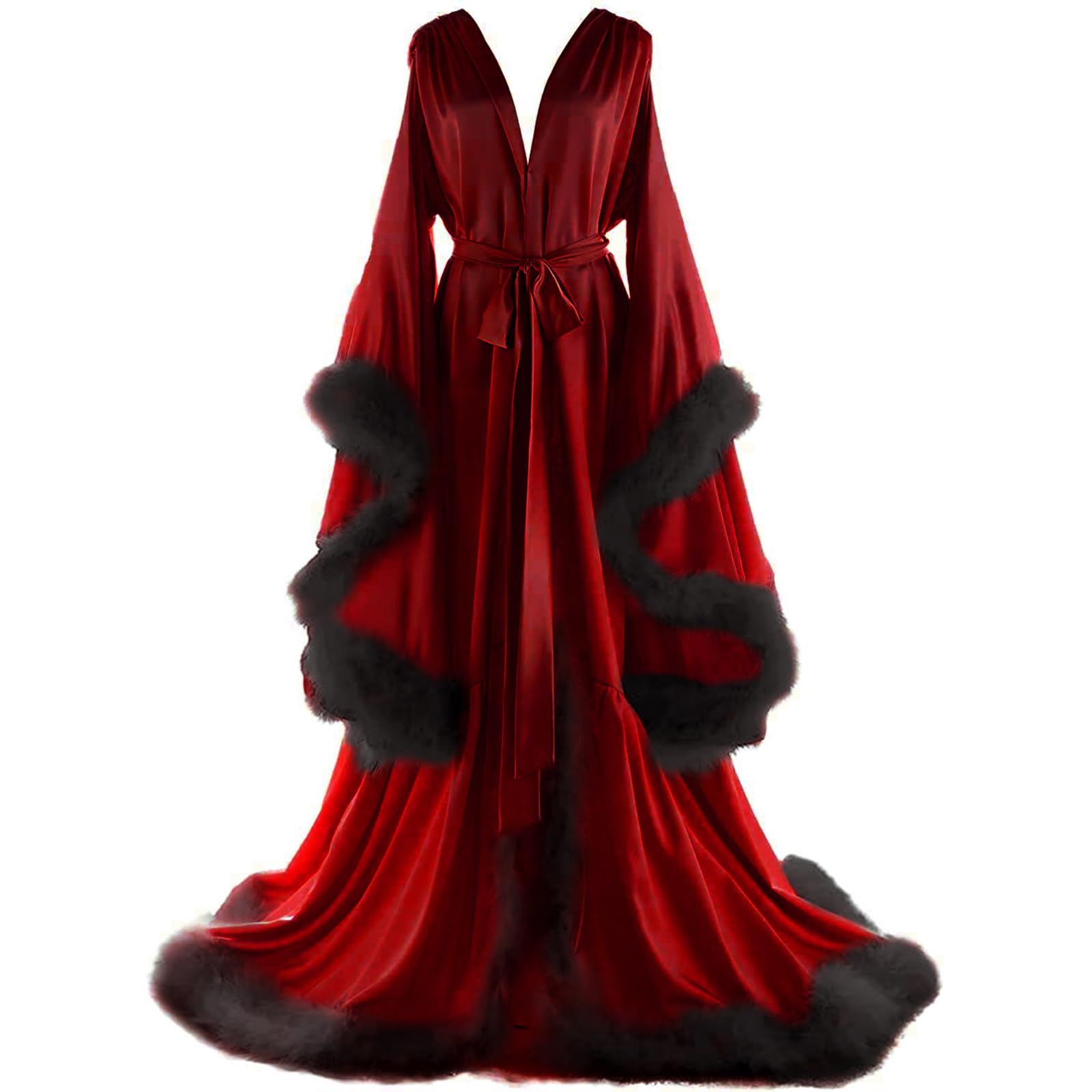 Daily Life Mall Women's Feather Bridal Robes Old Hollywood Maternity Photoshoot Nightgown Silk Bathrobe Long Lingerie: 3X-Large Wine Red+black