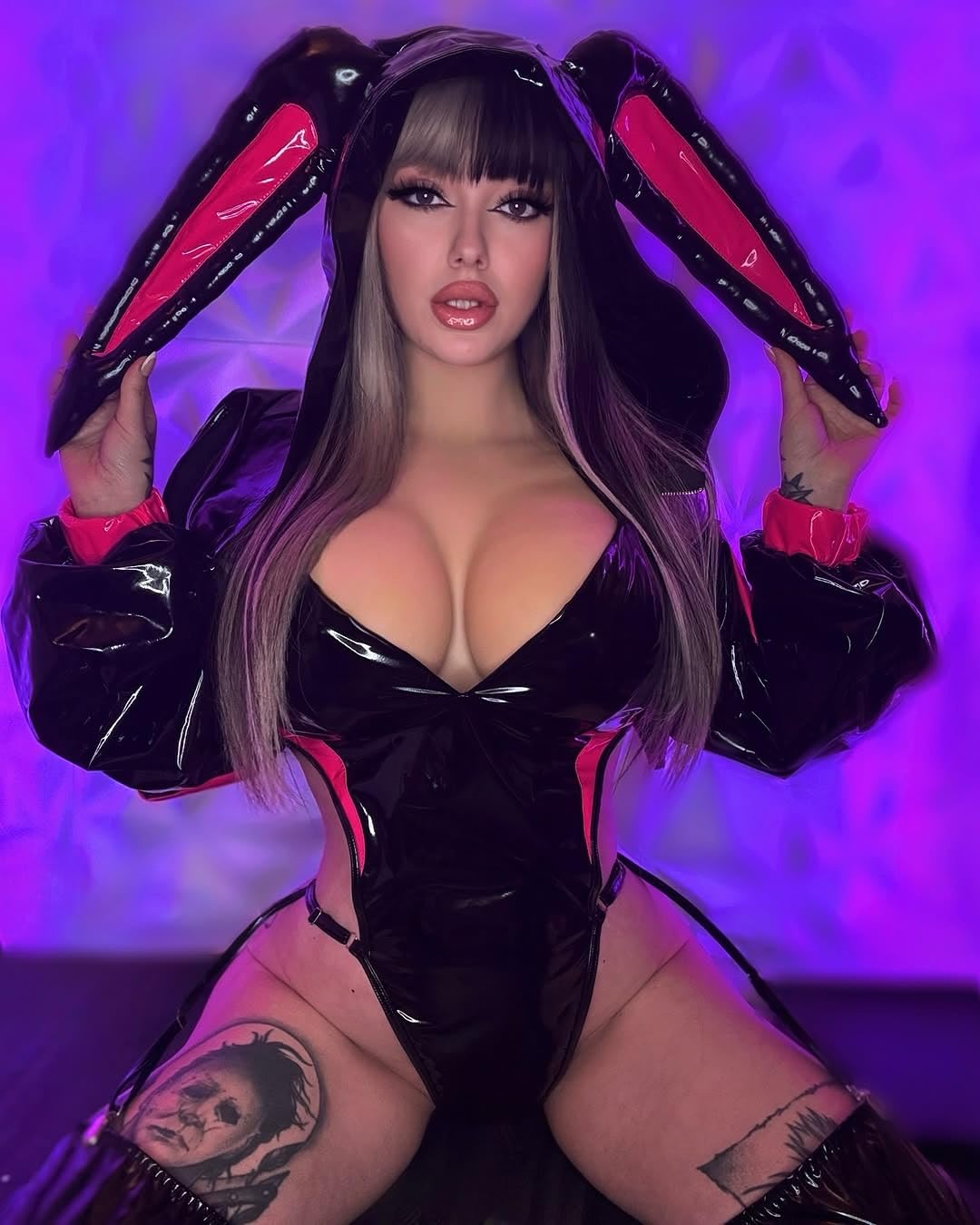 KORURACLUB Evil Bunny Costume (5-Piece Set) Black Premium PU Cosplay Lingerie for Women Bunny Lingerie Cosplay Lingerie: Small