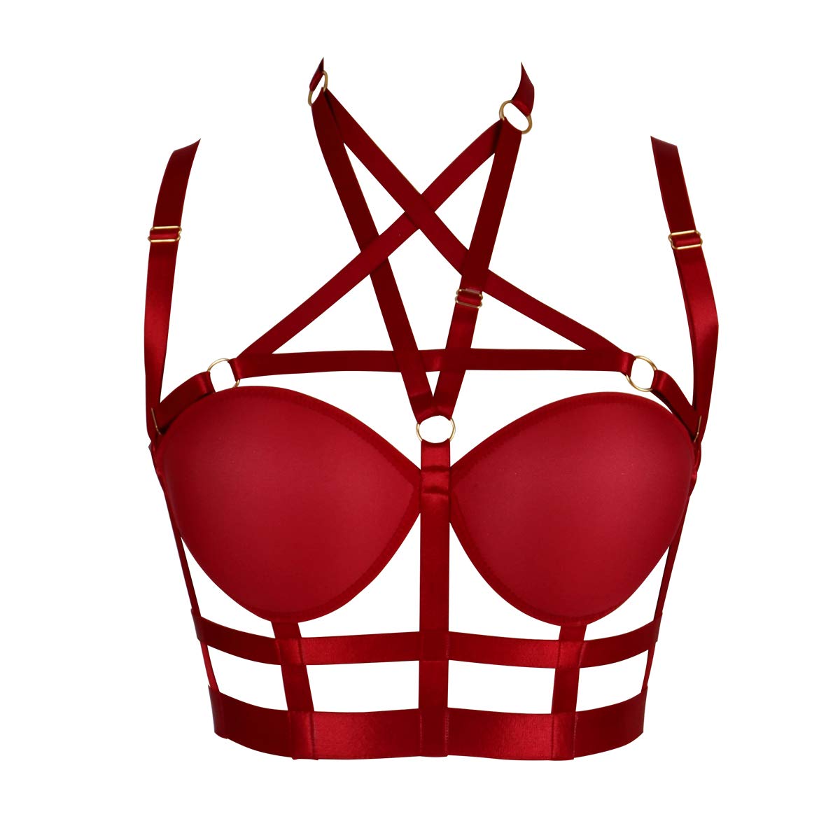 Woman's Body Harness Bra Lingerie cage Punk Goth Plus Size Festival Rave Pentagram Chest Strap Belt: Wine Red
