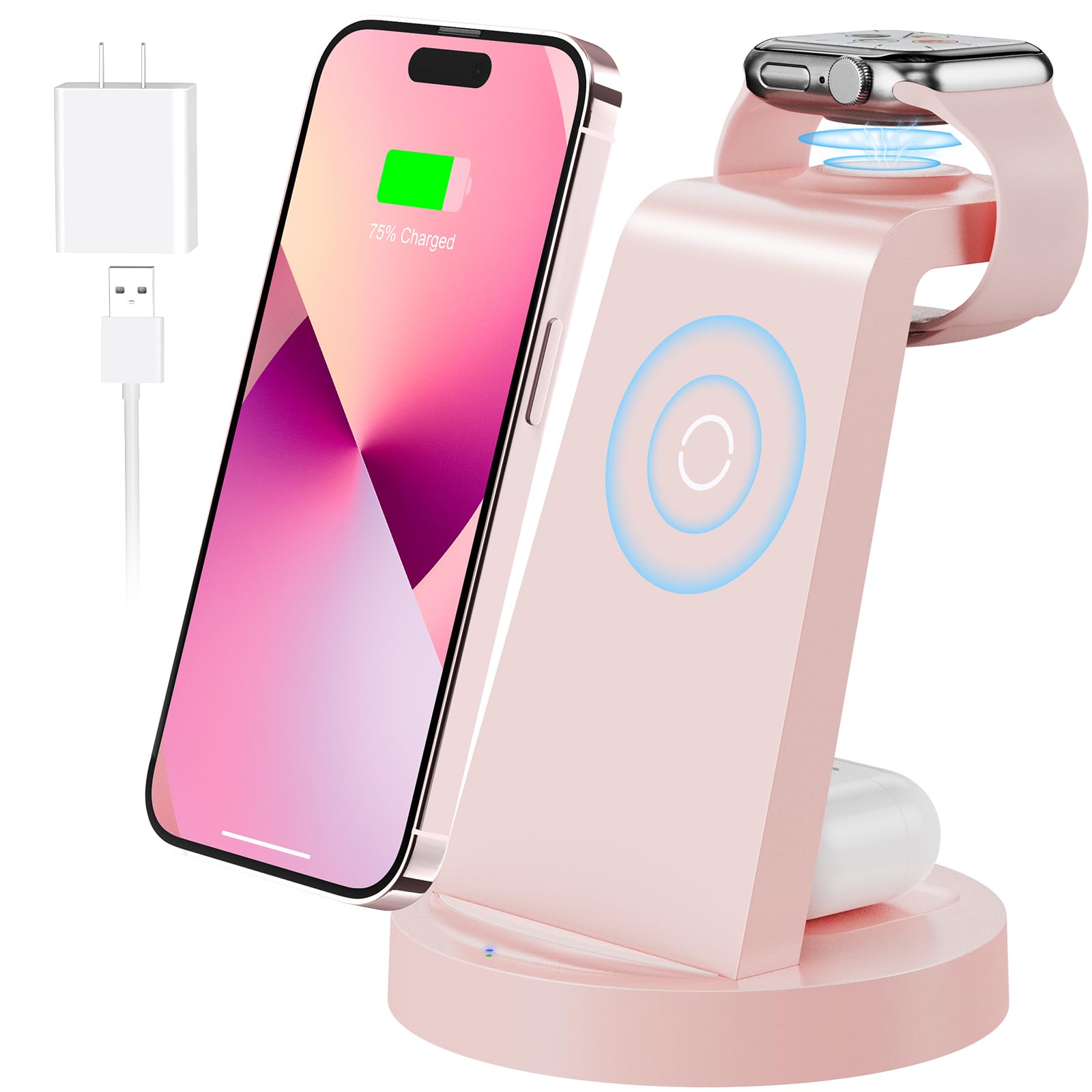 3 in 1 Charging Station for Apple Device, Wireless Charger for iPhone 16 15 14 13 12 11 Pro Max & Apple Watch iwatch- Charging Stand Dock for AirPods