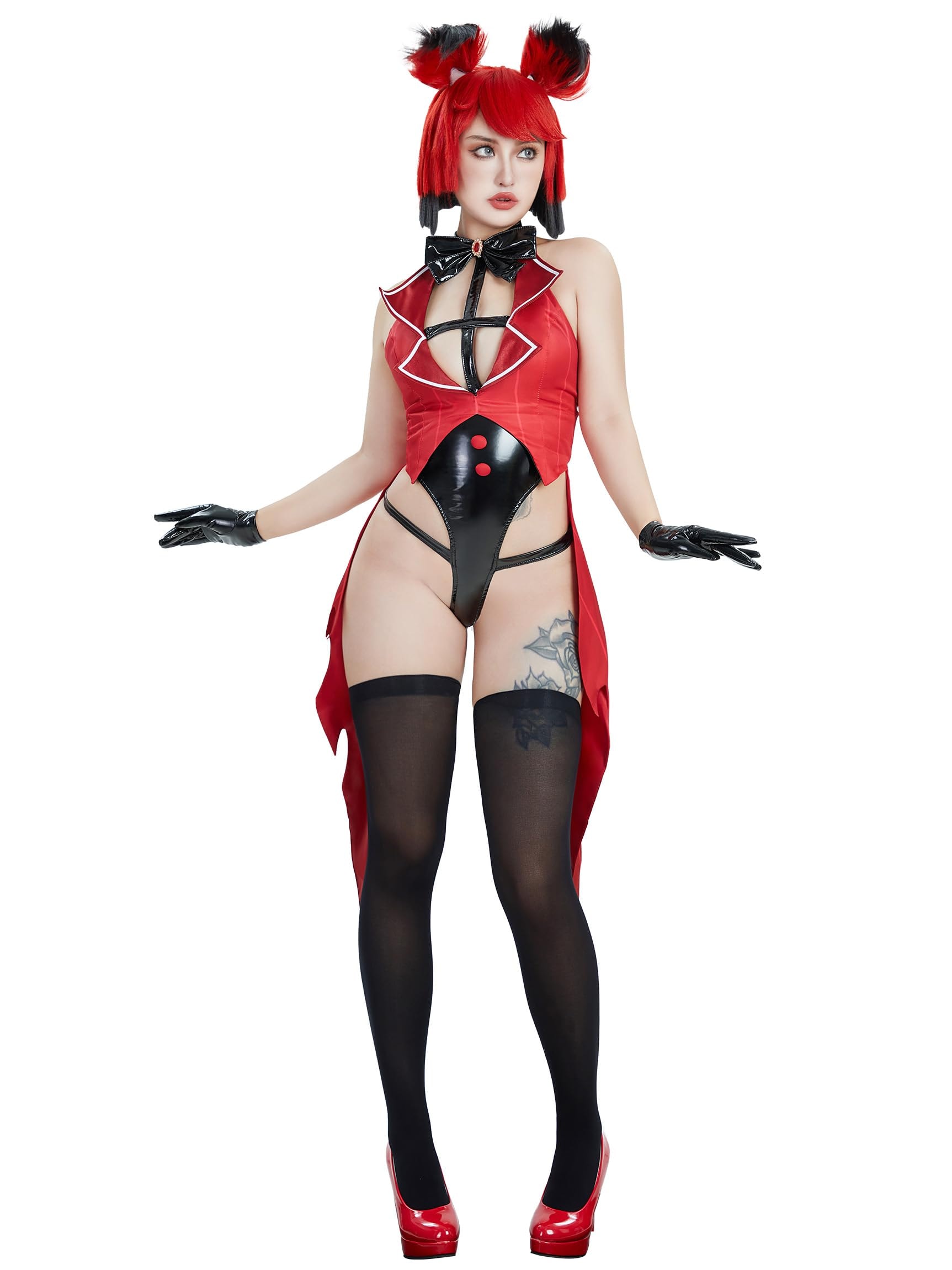 Mobbunny Women Halloween Demon Derivative Sexy Cosplay Set Black Red Hollow Bodysuit and Gloves: Small Red