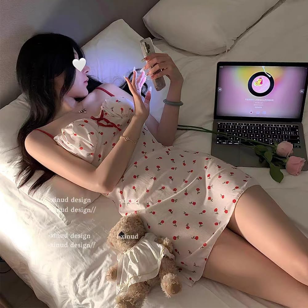 QNCLO Women's ice silk camisole dress cosplay print Japanese girlish style kawaii lingerie: Rose One Size