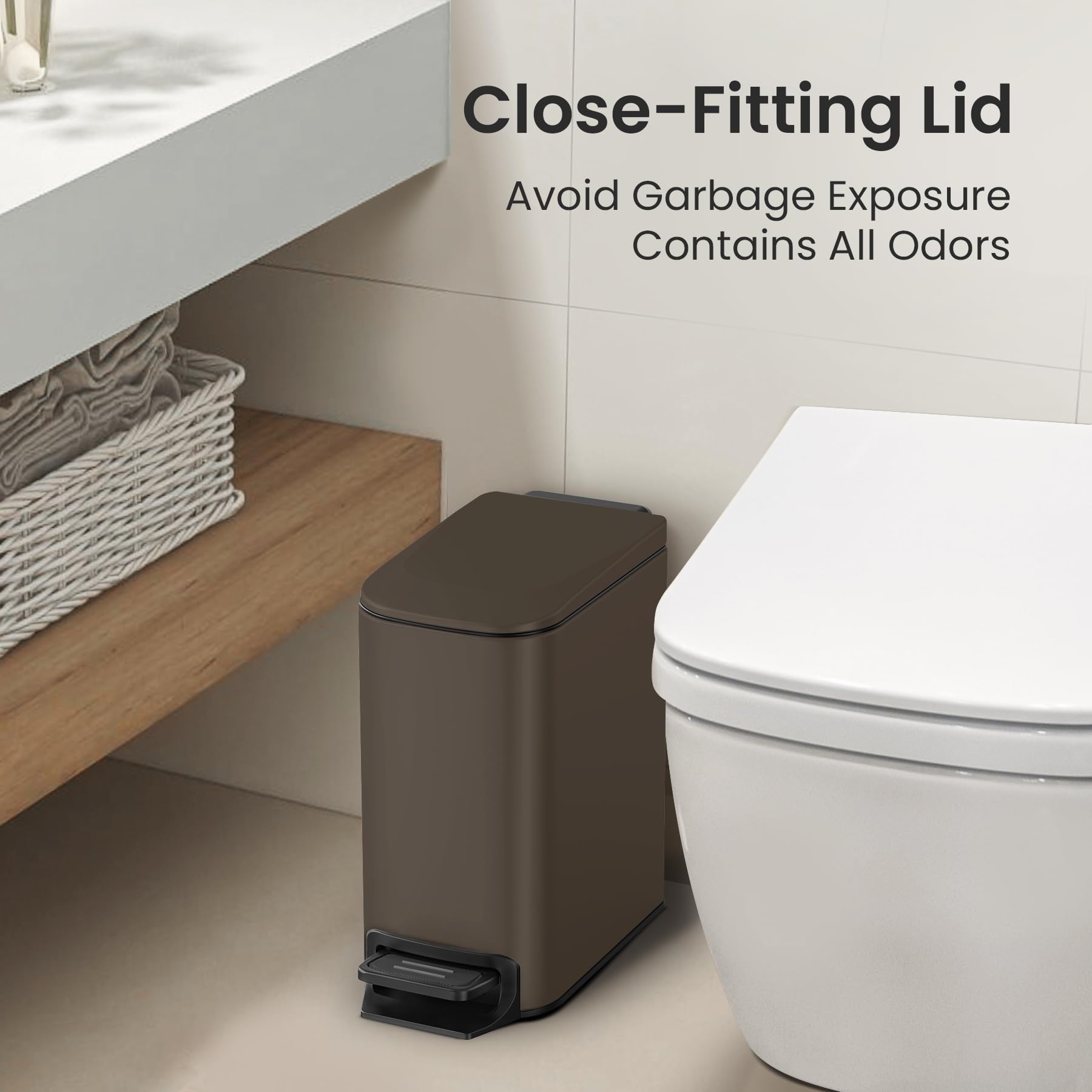 Cesun Small Bathroom Trash Can with Lid Soft Close, Step Pedal, 6 Liter / 1.6 Gallon Stainless Steel Garbage Can with Removable Inner Bucket, Anti-Fingerprint Finish (): Brown