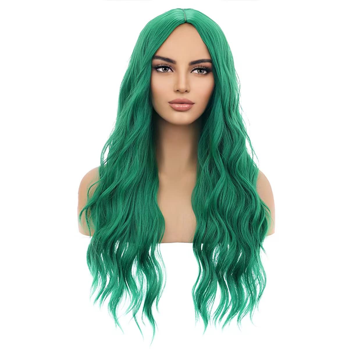 MAGQOO  Flame Fire Wig - Long Curly Wavy Ombre Wigs for Women & Girls - Middle Part, Heat Resistant, High Density Synthetic Wigs: Emerald Green