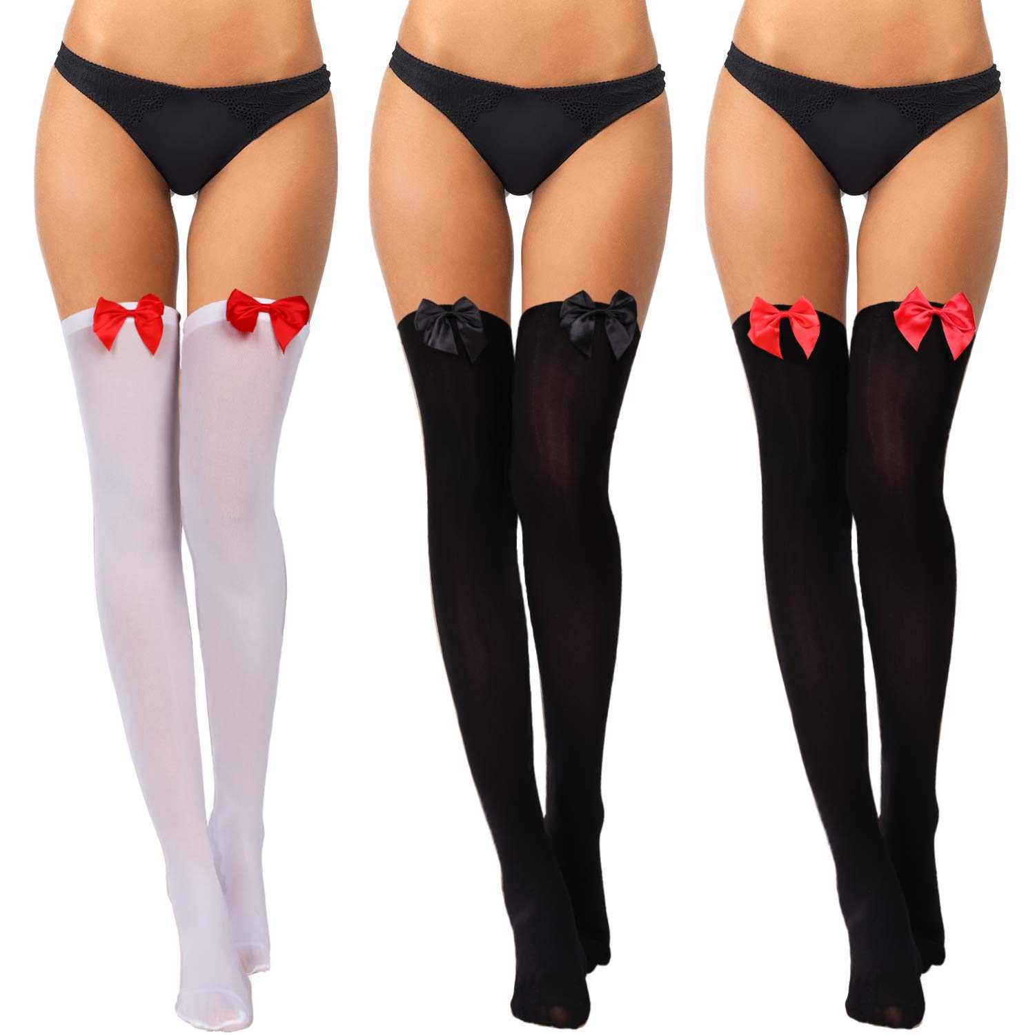 Boao 3 Pairs Thigh High Stockings Thigh High Socks with Bow for Women over Knee Lingerie Stockings for Cosplay Daily Wear: Medium Black With Red Bow, Black With Black Bow, White With Red Bow