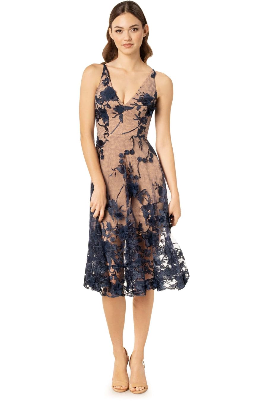 Dress the Population Women's Audrey Spaghetti Strap Midi A-line 3D Floral Dress