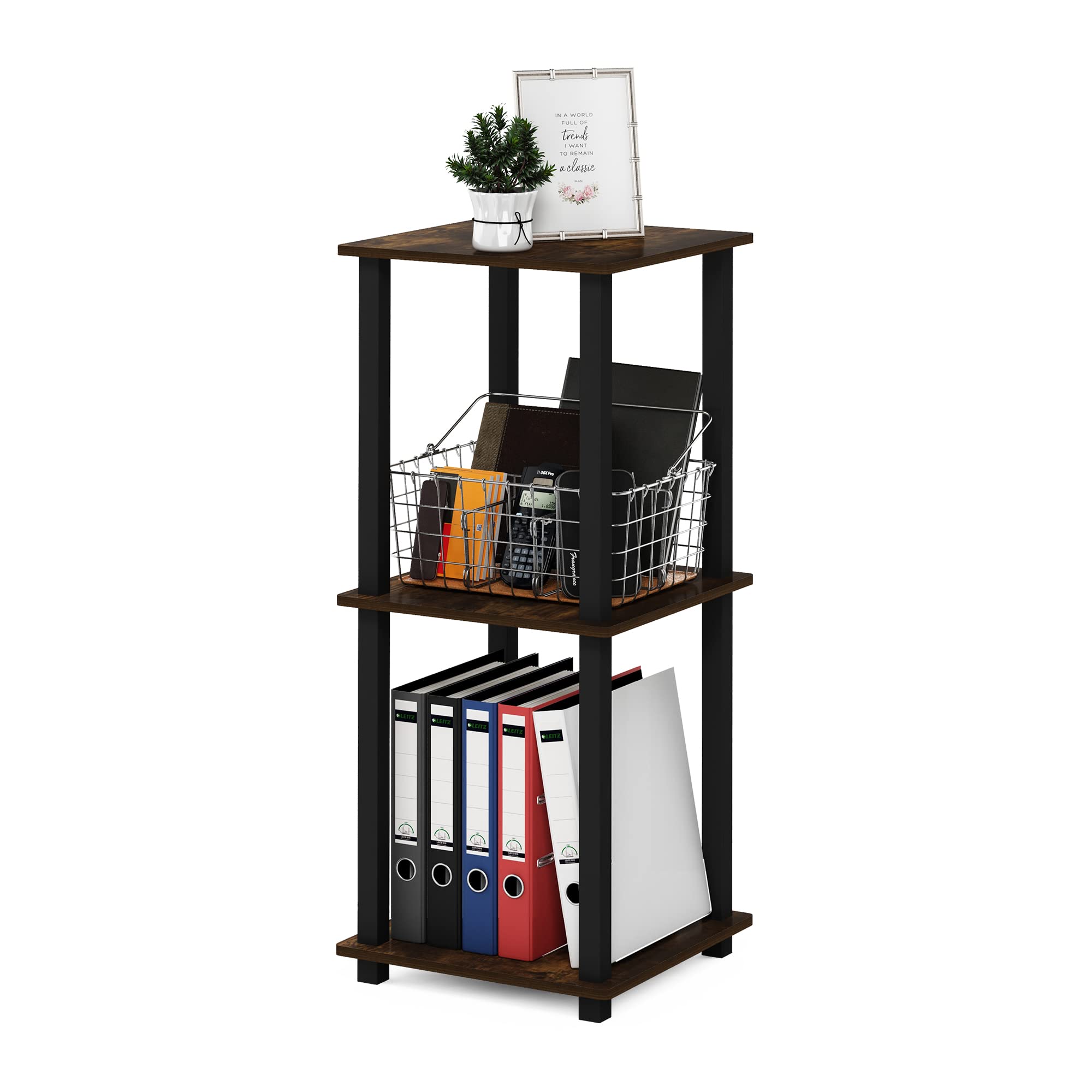 Furinno Simplistic Set of 2 End Table, Espresso/Black: Amber Pine/Black 2-Pack, Plastic Pole 15.6 x 15.6
