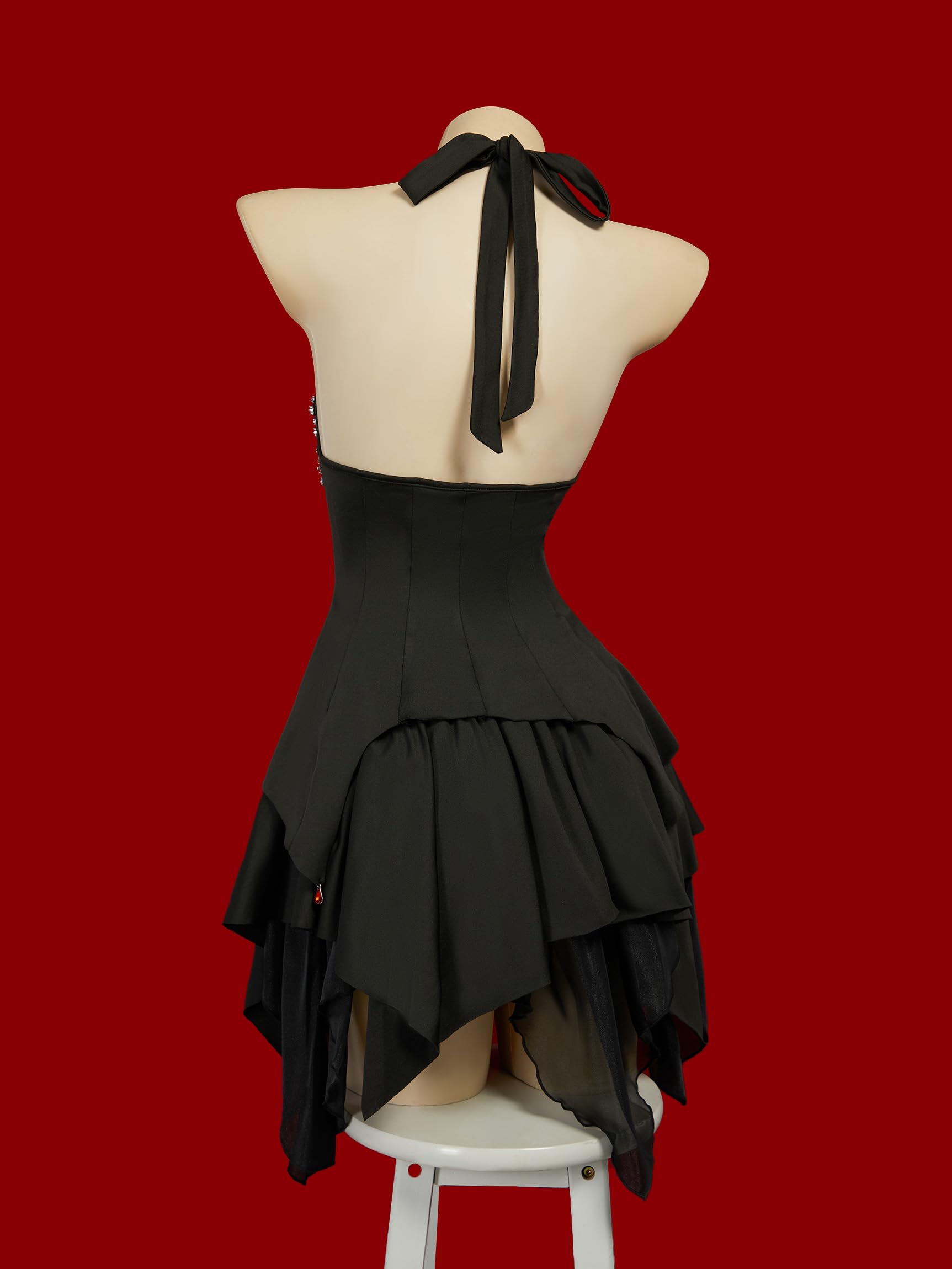 MEOWCOS Women's Gothic Dress Bat Style A-line Goth Halter Dress Halloween Cosplay Costume: Black Large