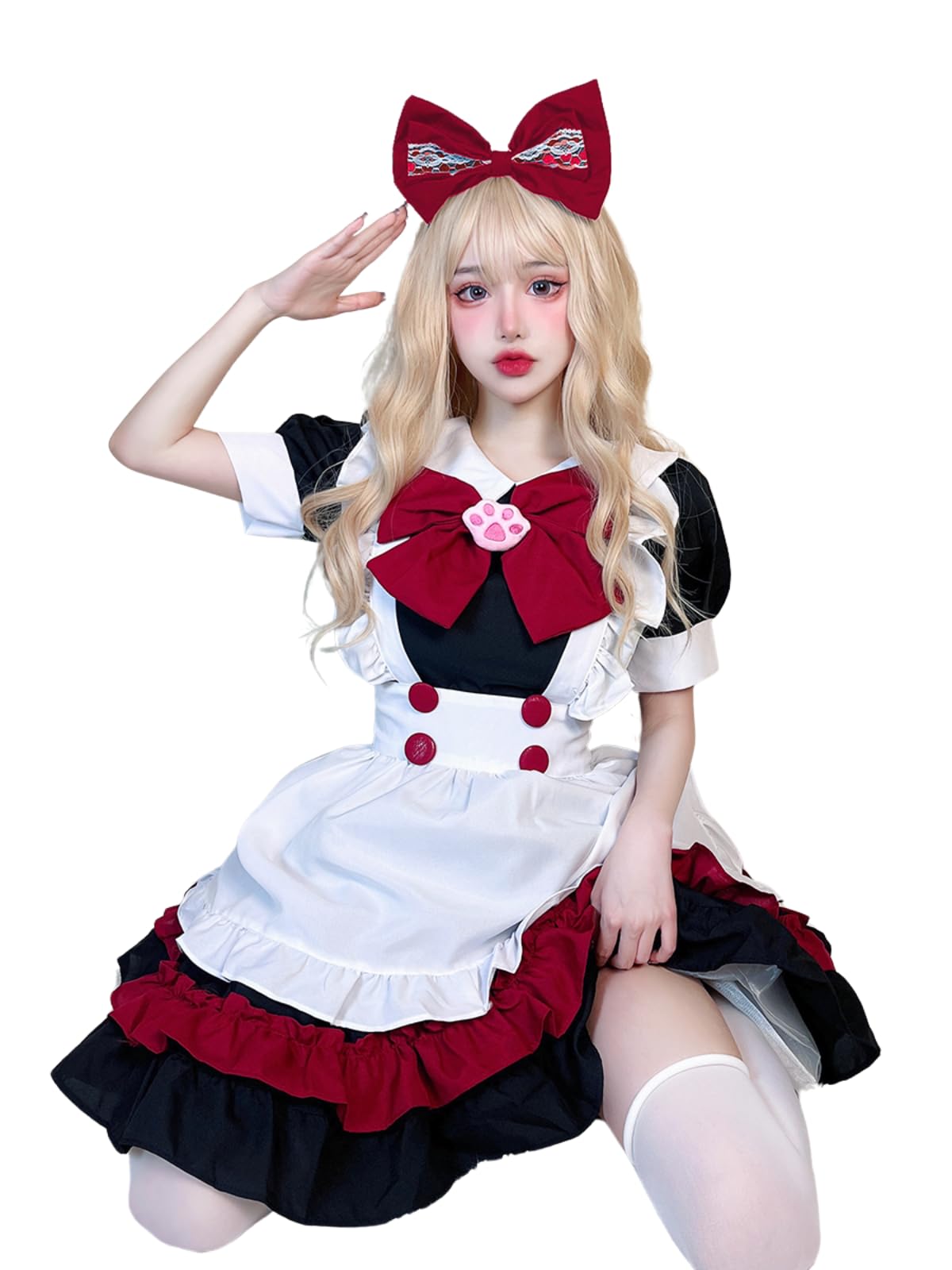 GRAJTCIN Womens Anime French Maid Outfit Lolita Cosplay Dress Halloween Costume with Socks: Large