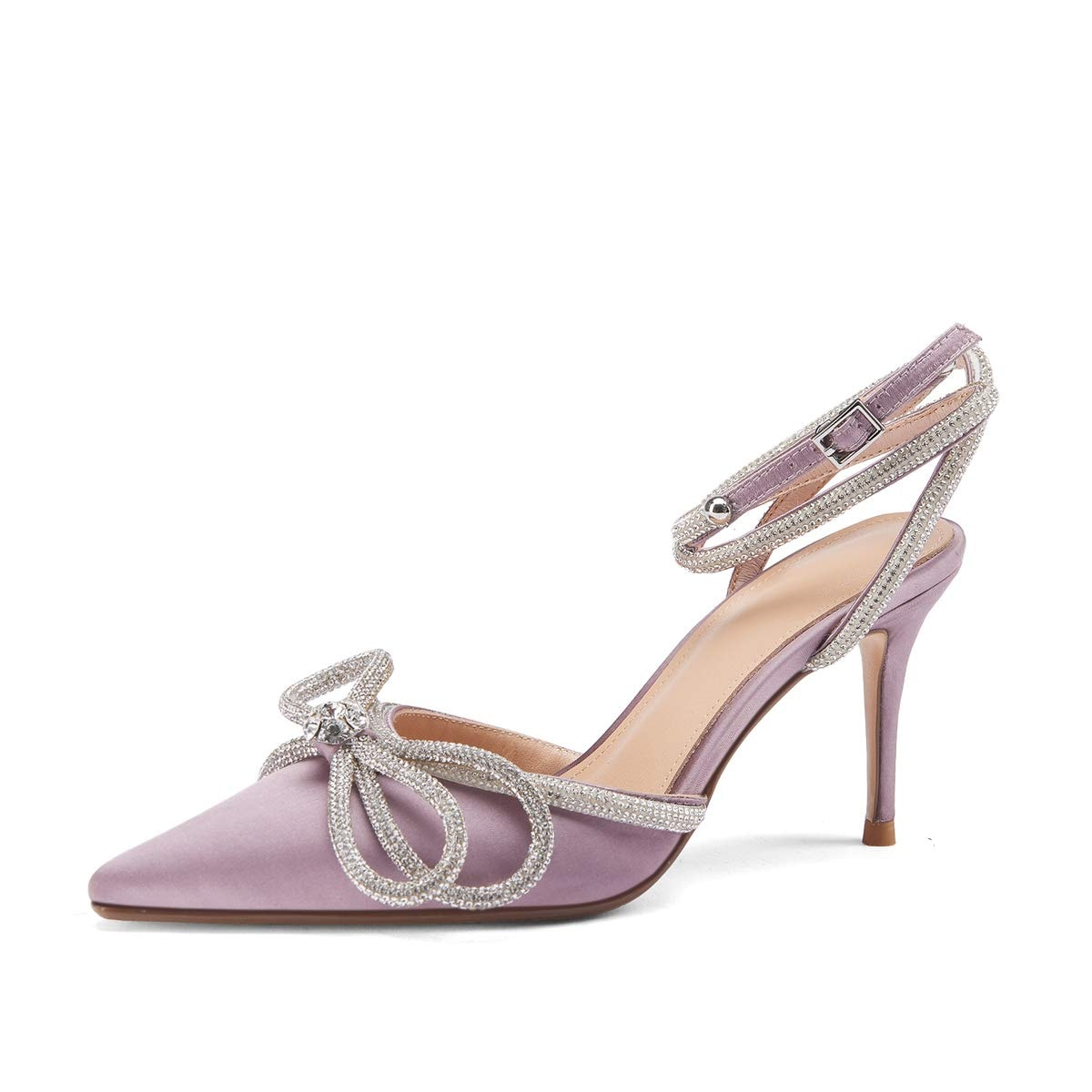 Arqa Rhinestone Bow Heels for Women Pointed Toe Crystal Ankle Strap Slingback Pumps Satin Stiletto High Heel Sandals Wedding Bridal Shoes thumbnail 1