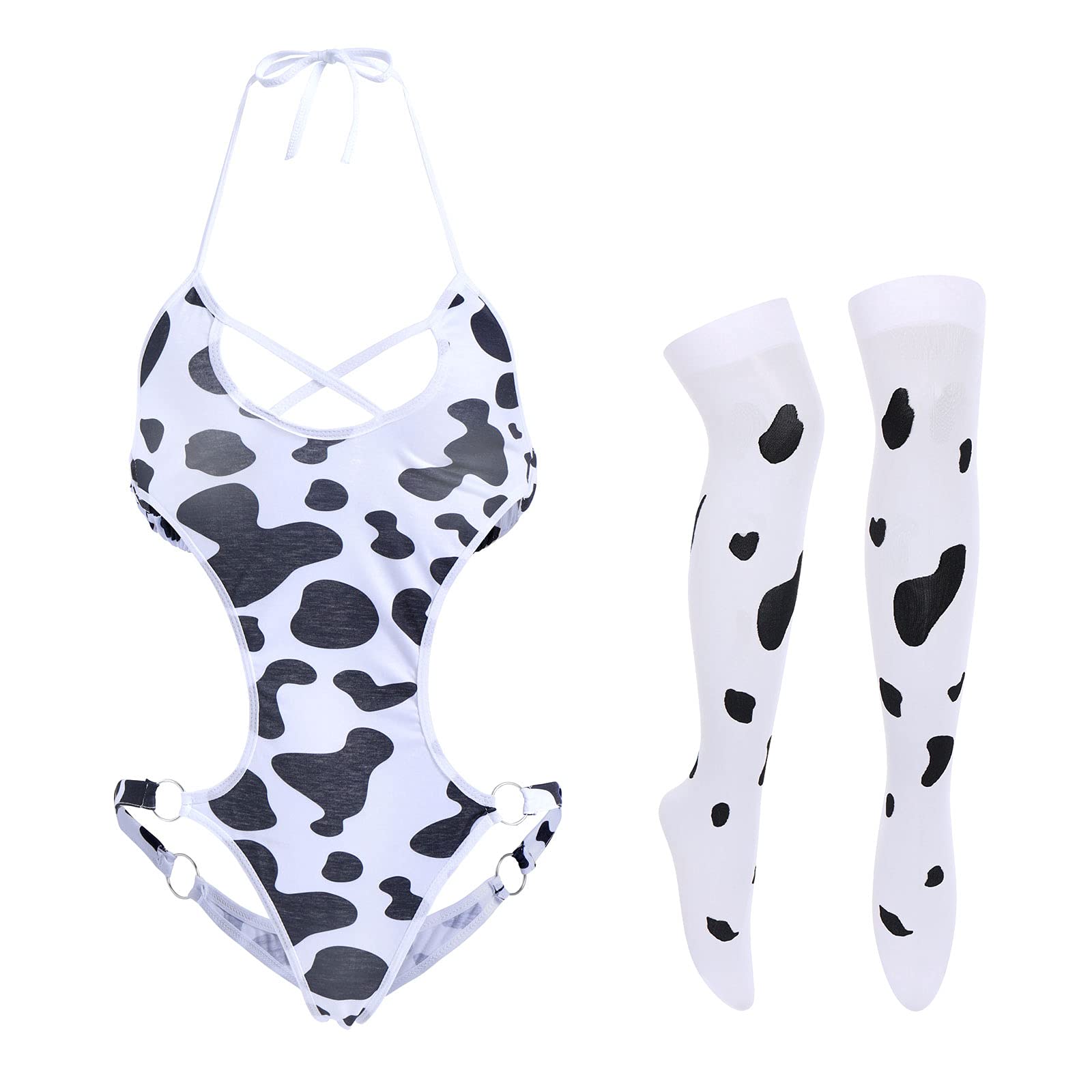 FYMNSI Women Sexy Milk Cow Lingerie Set Anime Maid Cosplay Costume Mini Bikini Bra Bodysuit with Bell Choker Stockings Outfit thumbnail 1