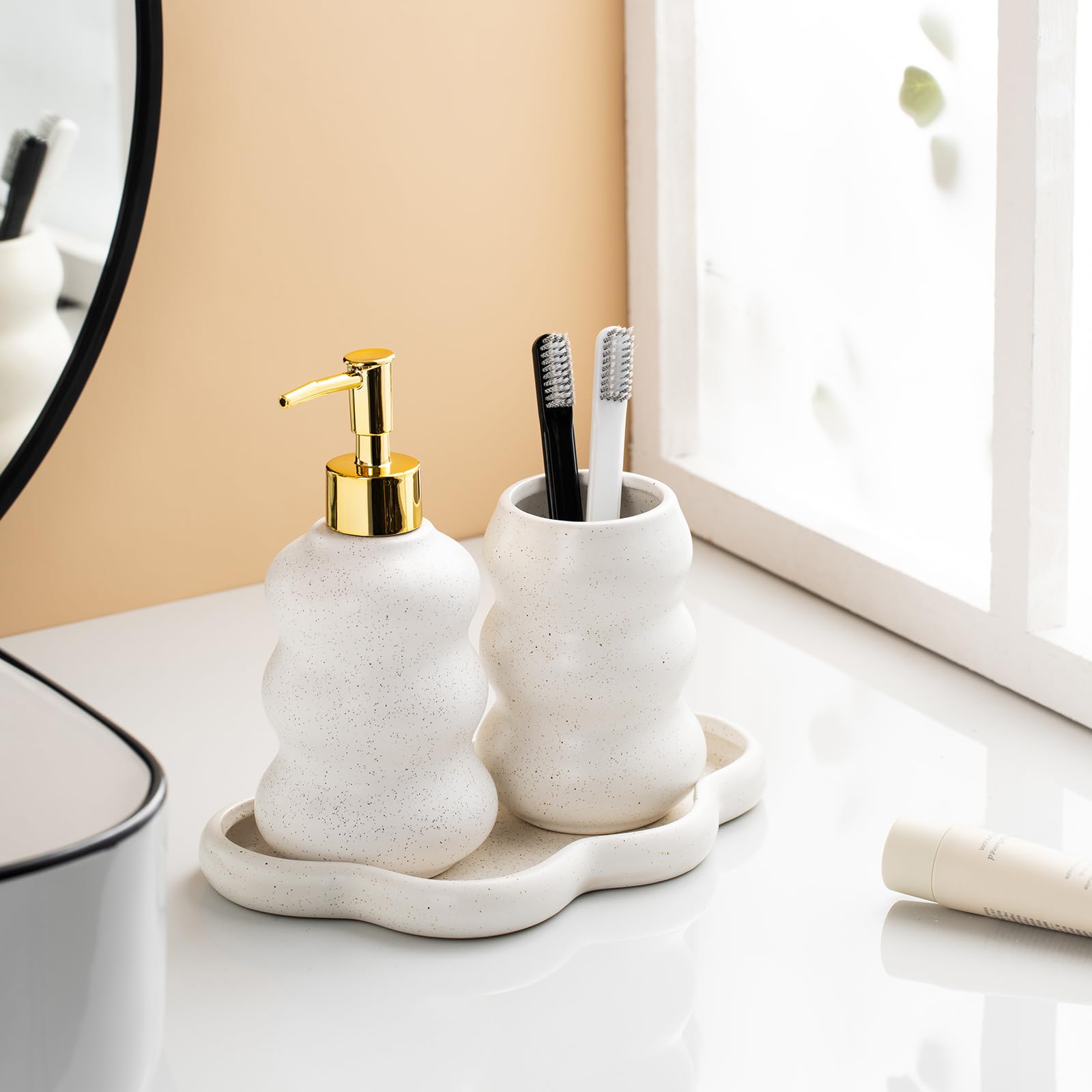 Silver Bathroom Accessory Set, 3-Piece Ceramic Bath Accessories Set with Tray, Lotion Dispenser, and Tumbler: Beige