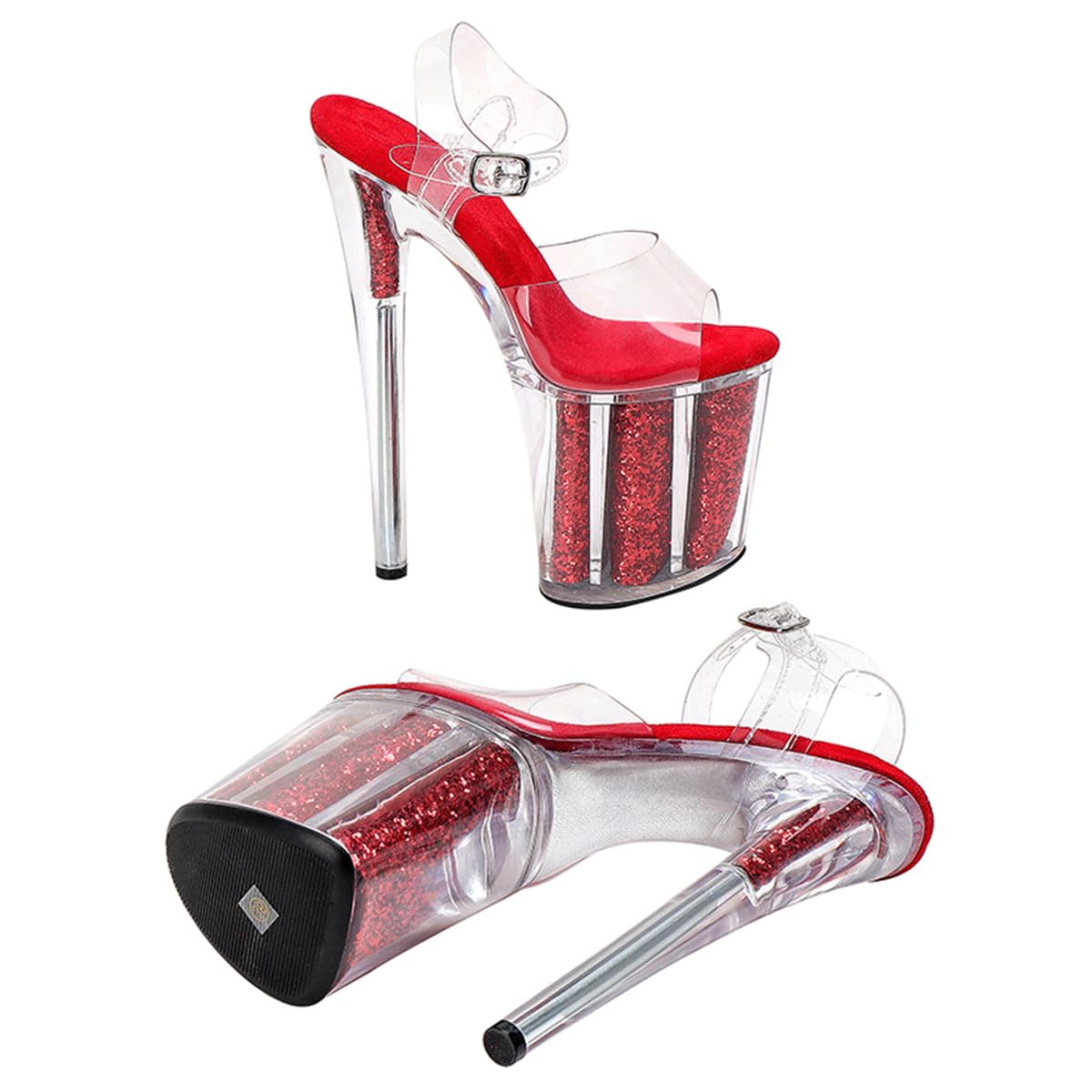 WUXIN H&P Women's Clear Platform Exotic Pole Dance Ankle-Strap Sandal 8 Inch Fashion Model Round Toe Sexy Stiletto Custom Dress shoes High Heel: 7 Red
